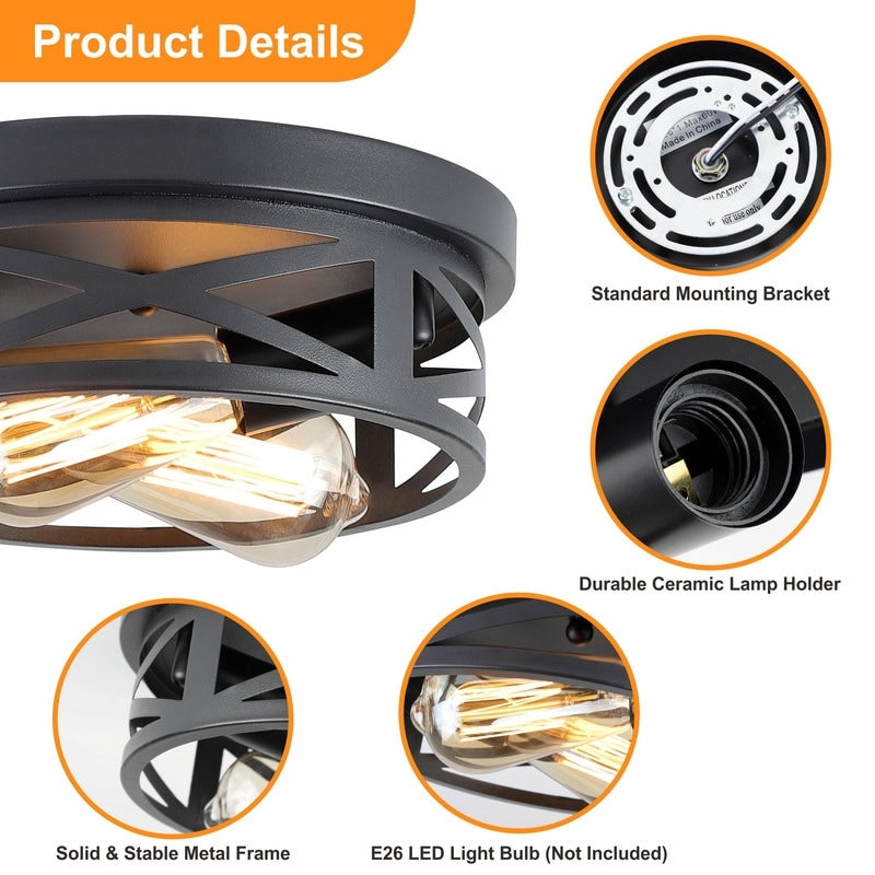 Plafonnier encastré noir à 2 lampes de style ferme - Lot de 2