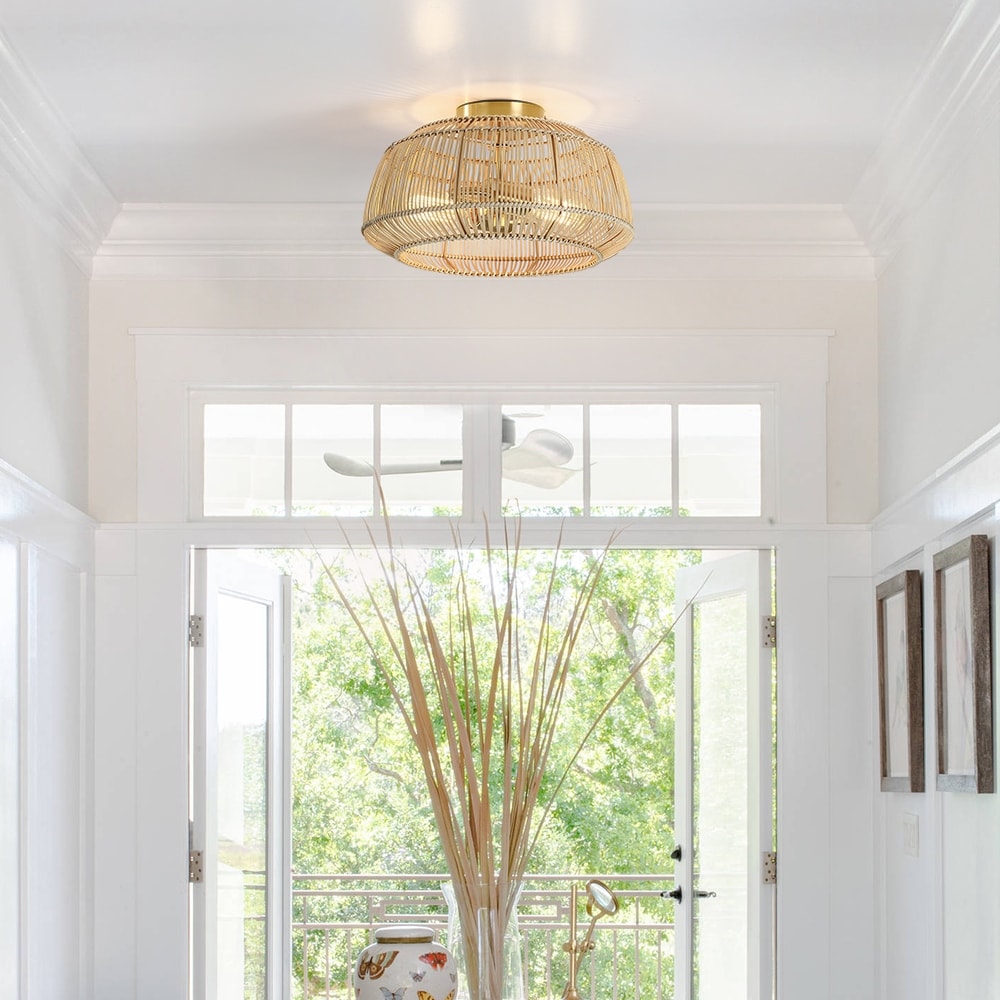 Plafonnier semi-encastré en rotin bohème à 2 lampes - Laiton
