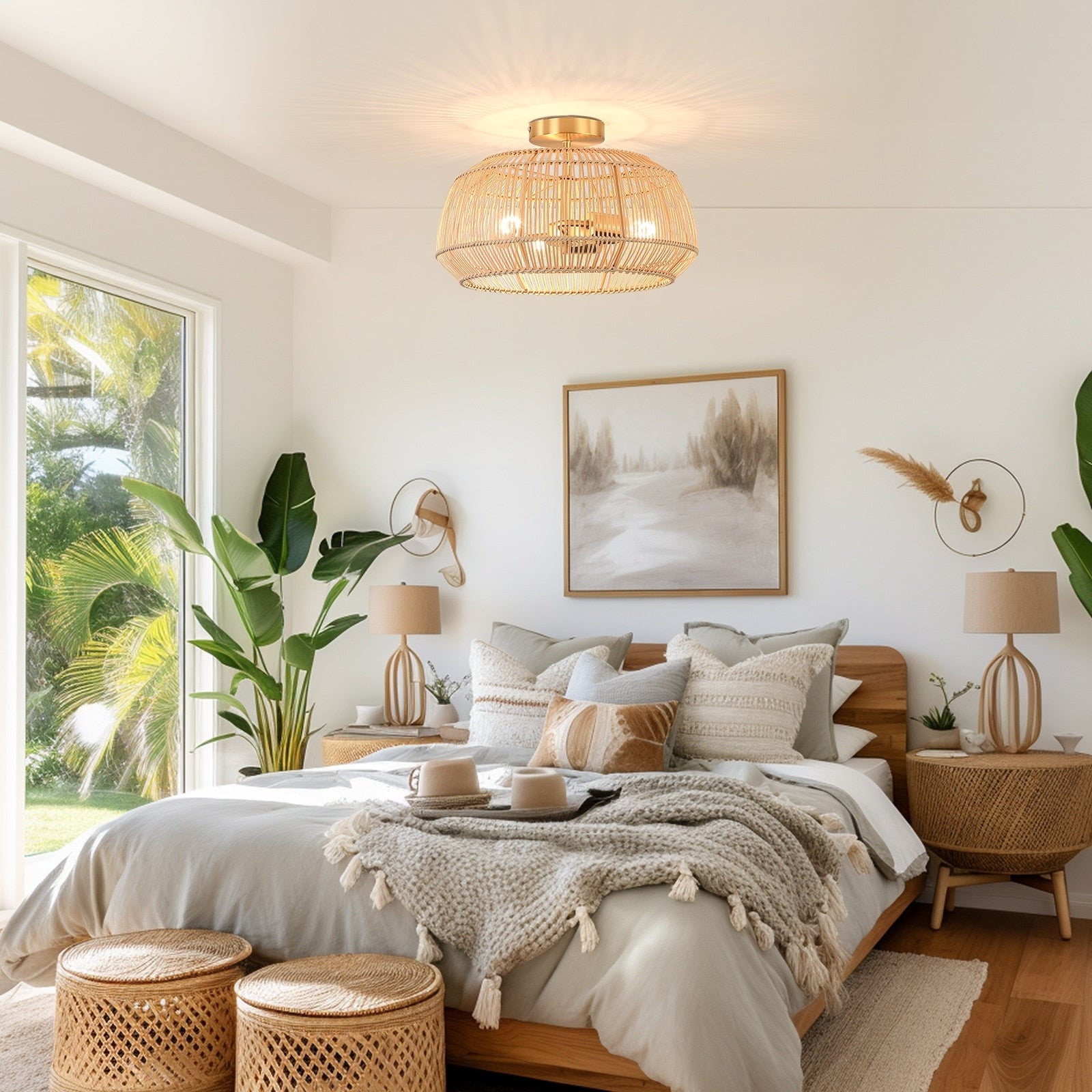 Plafonnier semi-encastré en rotin bohème à 2 lampes - Laiton