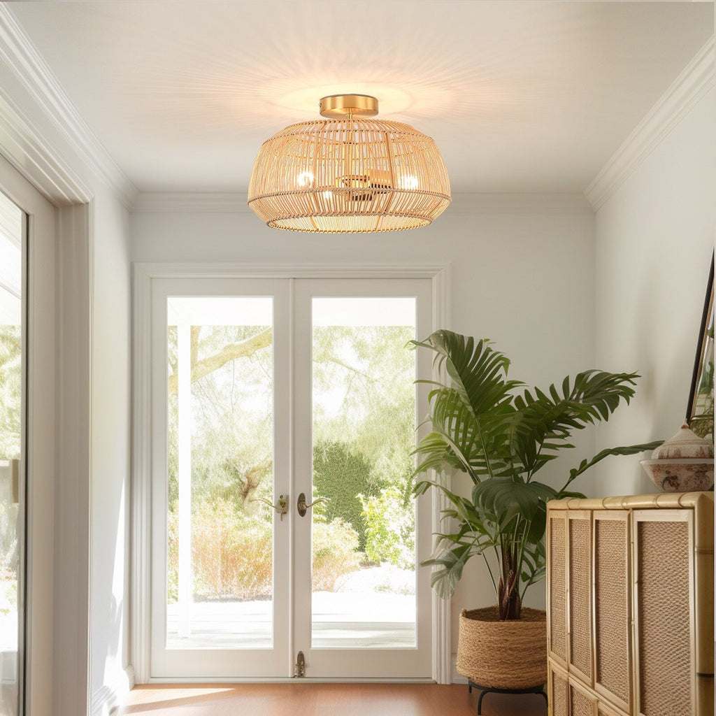 Plafonnier semi-encastré en rotin bohème à 2 lampes - Laiton