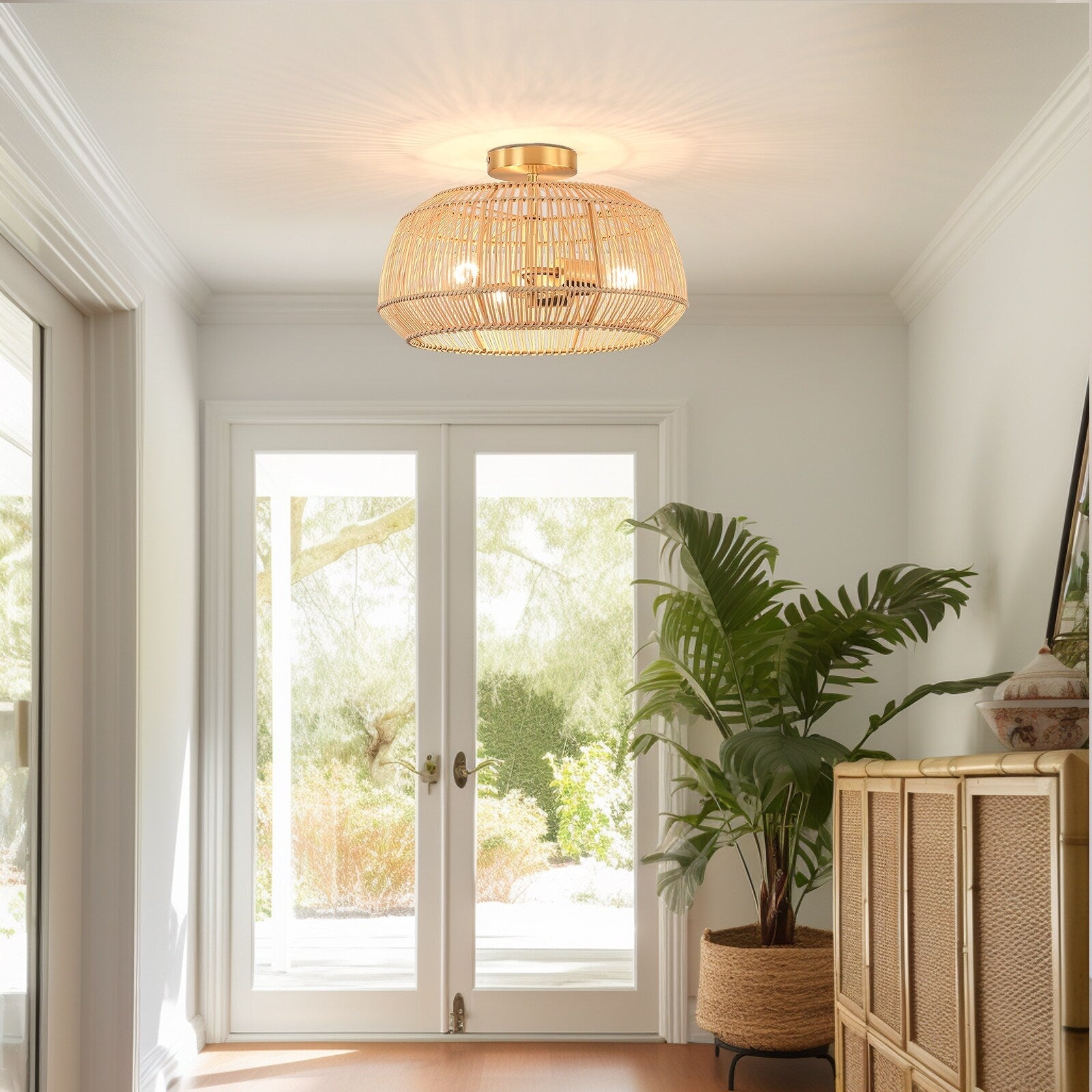 Plafonnier semi-encastré en rotin bohème à 2 lampes - Laiton