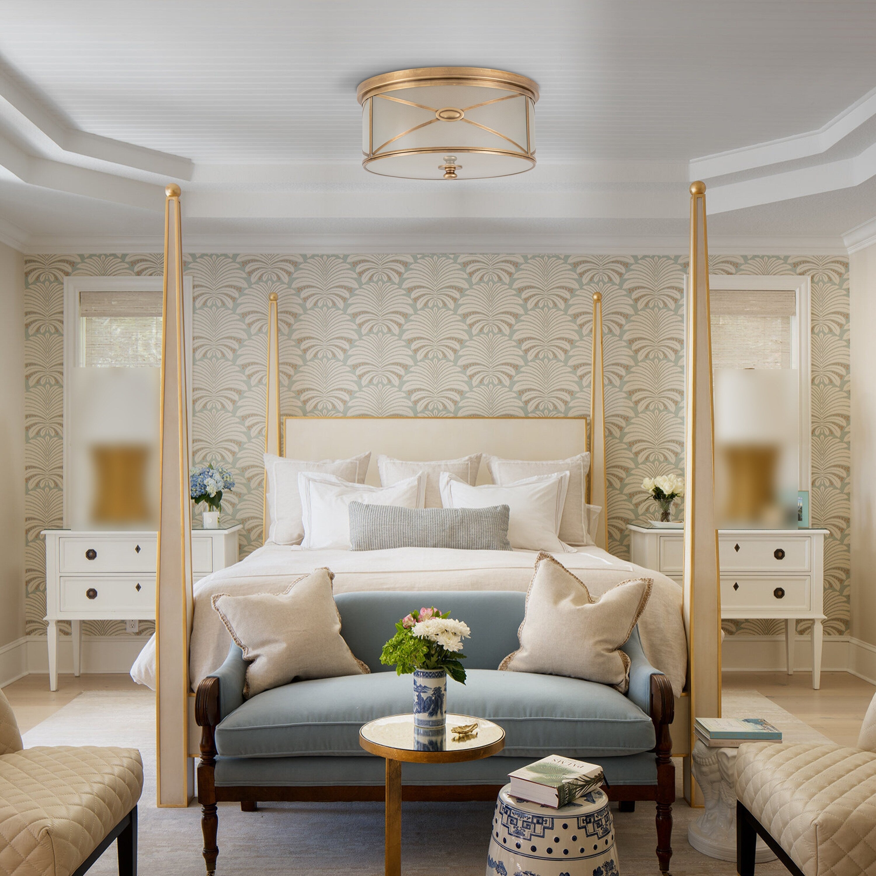 Plafonnier encastré C Cattleya à 2 lumières en laiton avec verre dépoli