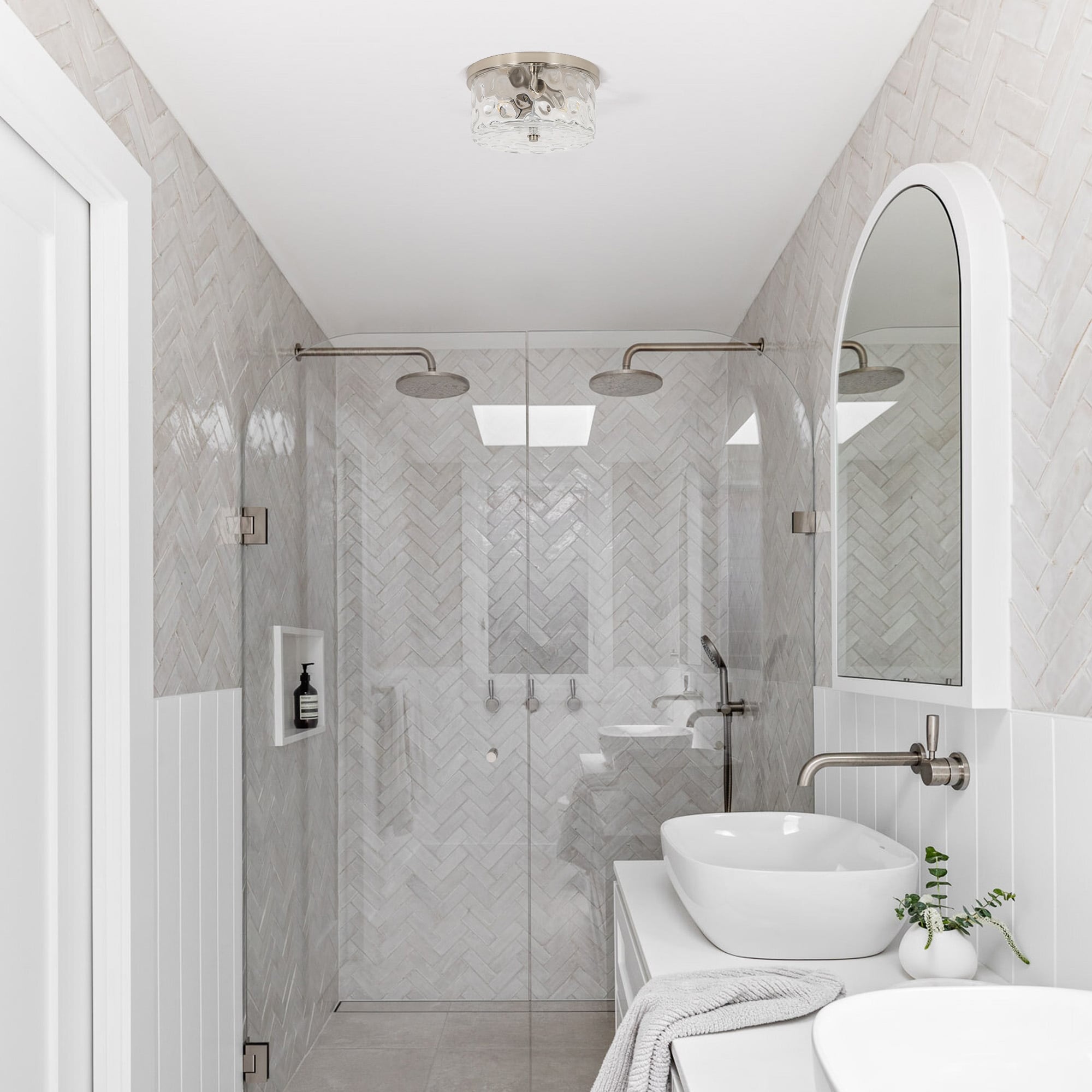 Plafonnier encastré à 2 lumières avec verre martelé transparent