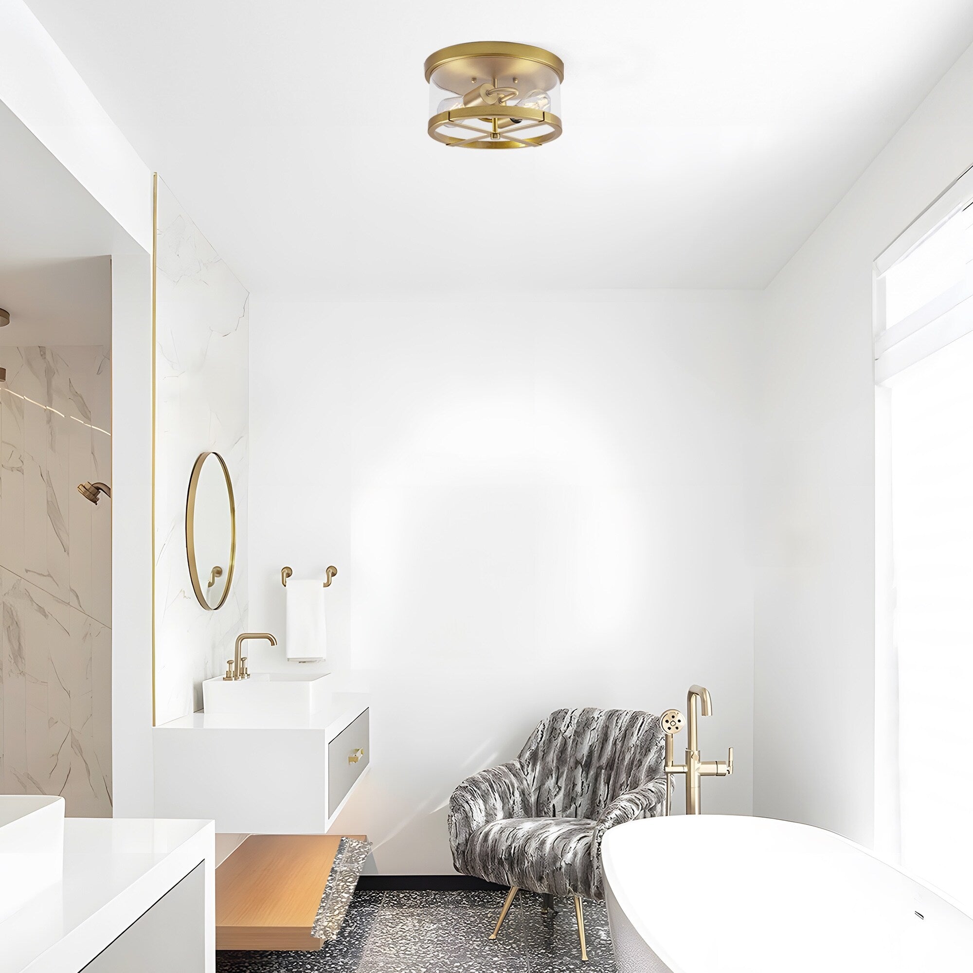 Plafonnier encastré à 2 lumières en verre transparent avec cadre en métal