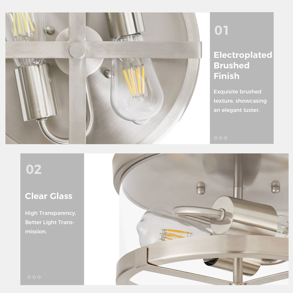 Plafonnier encastré à 2 lumières en verre transparent avec cadre en métal