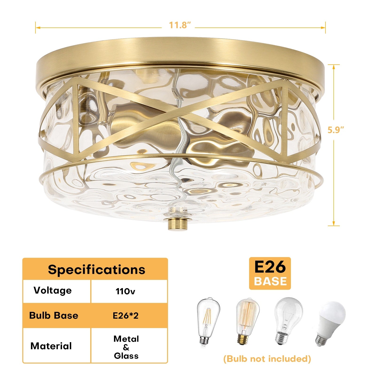 Plafonnier encastré en verre à 2 lumières avec cadre en métal
