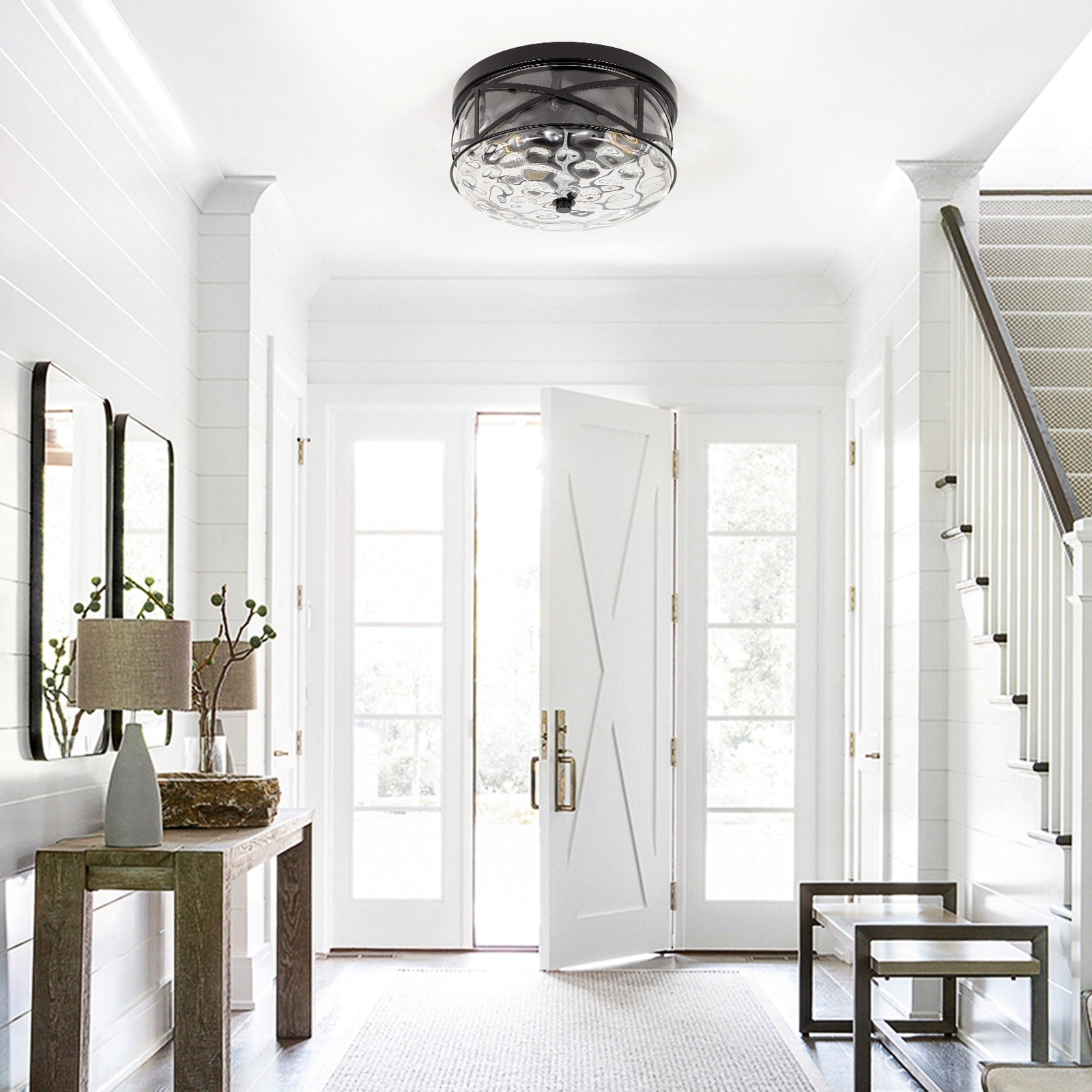 Plafonnier encastré en verre à 2 lumières avec cadre en métal