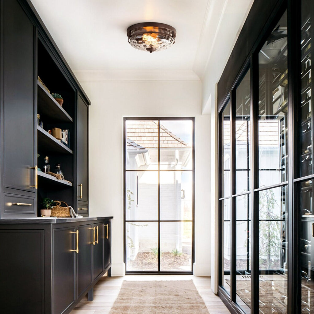 Plafonnier industriel à 2 lampes en forme de dôme, style ferme, en verre ondulé transparent, montage encastré – 32,8 cm (l) x 14 cm (h).