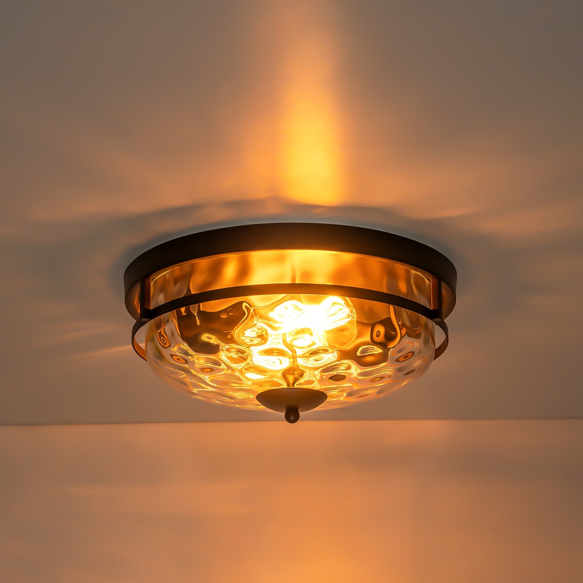 Plafonnier industriel à 2 lampes en forme de dôme, style ferme, en verre ondulé transparent, montage encastré – 32,8 cm (l) x 14 cm (h).