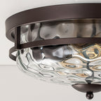 Plafonnier industriel à 2 lampes en forme de dôme, style ferme, en verre ondulé transparent, montage encastré – 32,8 cm (l) x 14 cm (h).