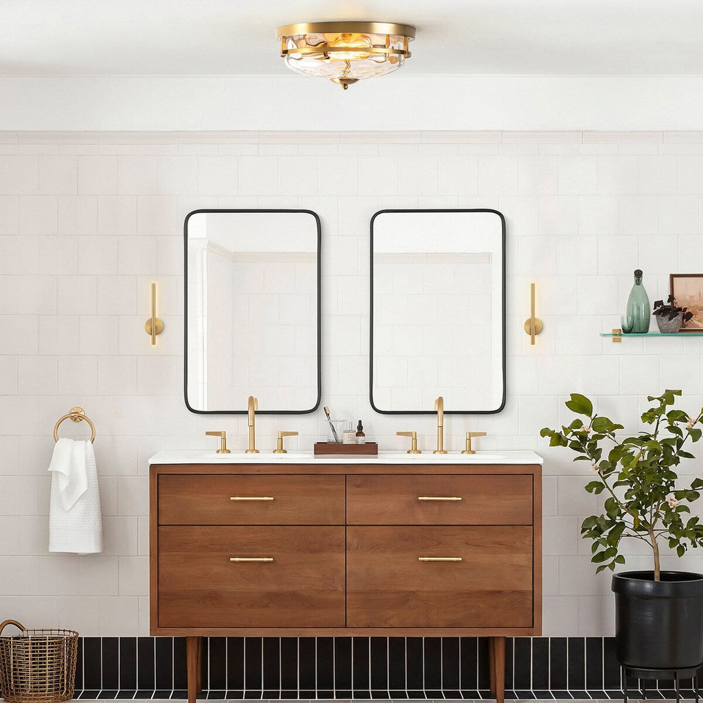 Plafonnier industriel à 2 lampes en forme de dôme, style ferme, en verre ondulé transparent, montage encastré – 32,8 cm (l) x 14 cm (h).