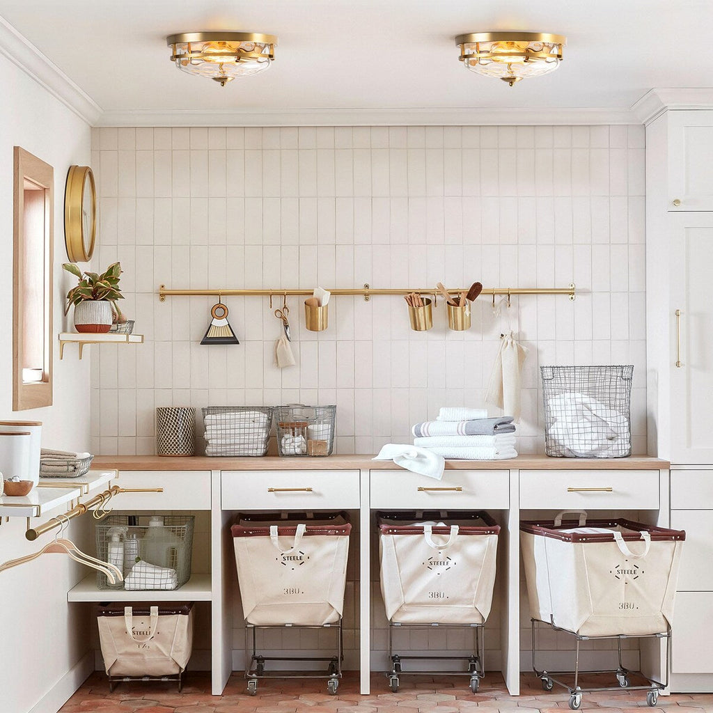 Plafonnier industriel à 2 lampes en forme de dôme, style ferme, en verre ondulé transparent, montage encastré – 32,8 cm (l) x 14 cm (h).