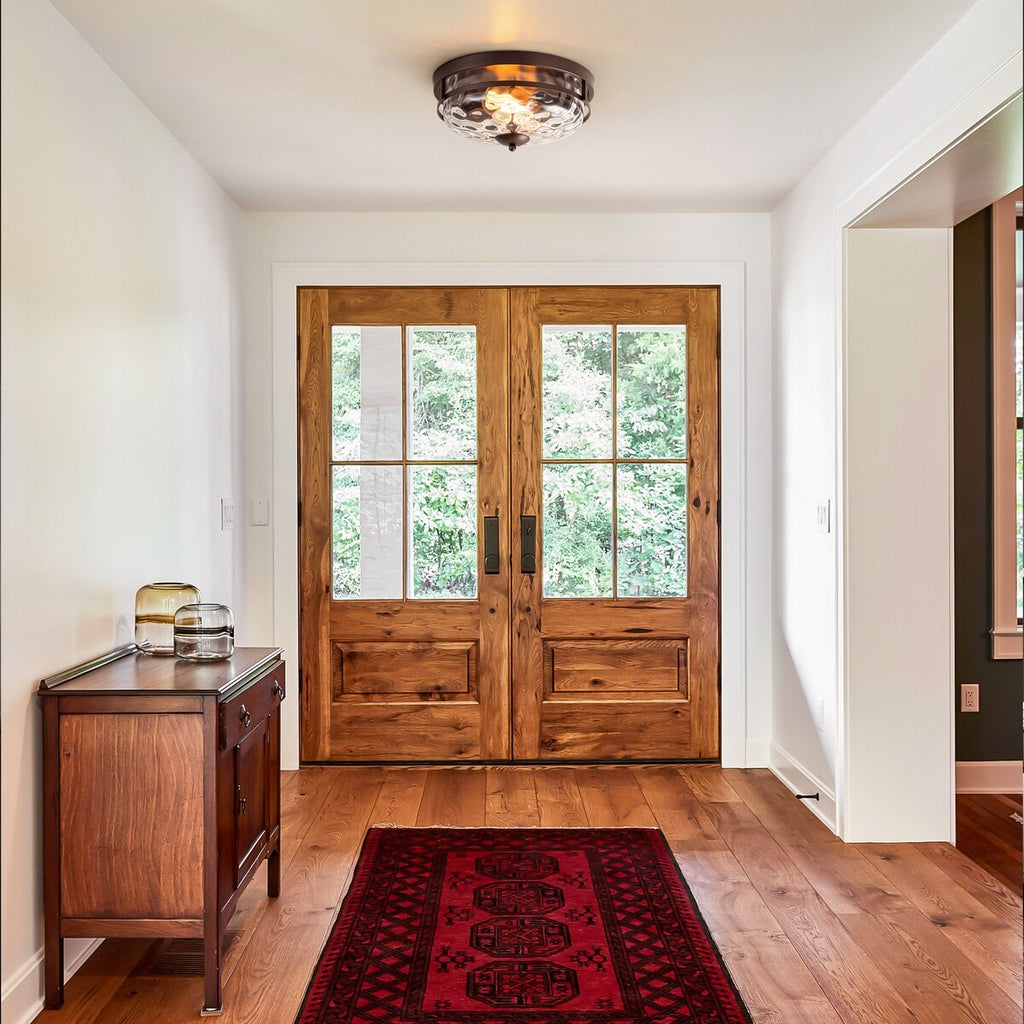 Plafonnier industriel à 2 lampes en forme de dôme, style ferme, en verre ondulé transparent, montage encastré – 32,8 cm (l) x 14 cm (h).