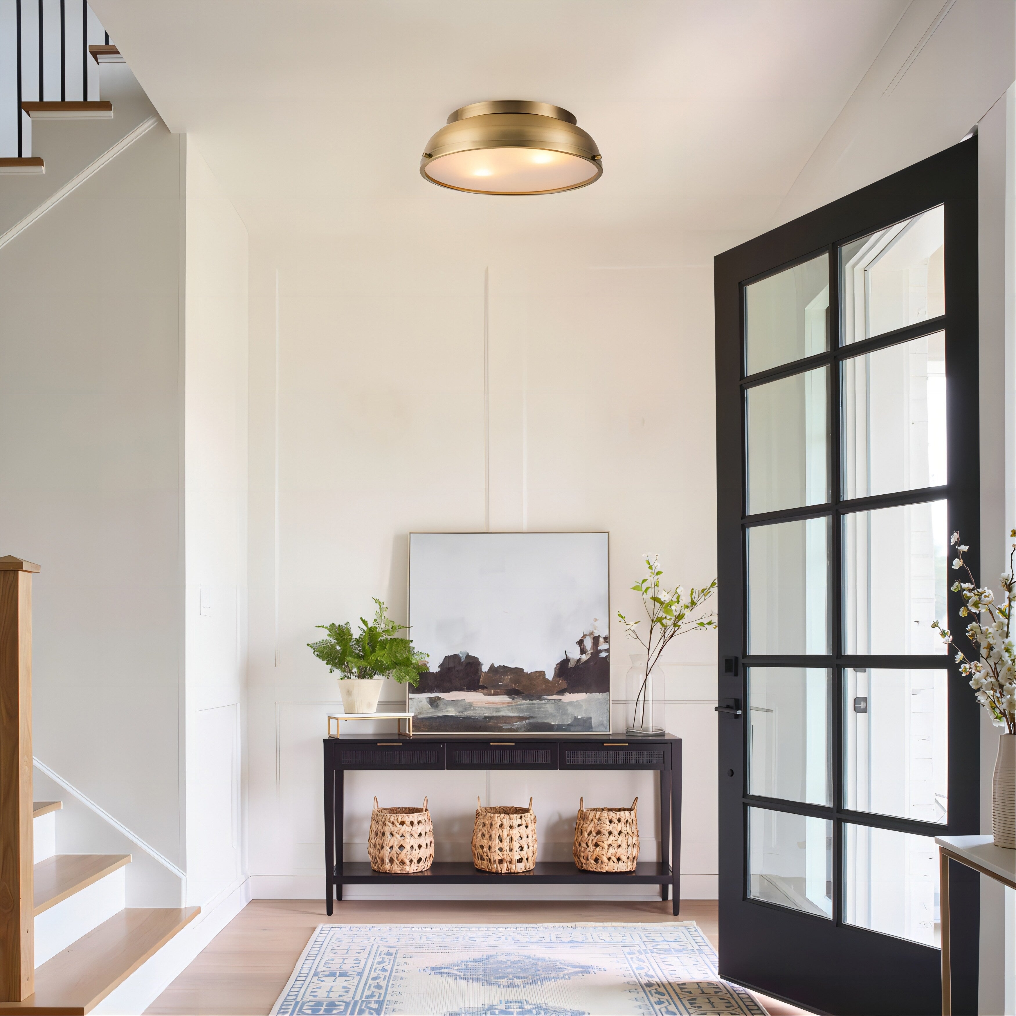 Plafonnier encastré à 2 lampes, style Mid-Century moderne, en bronze vieilli, avec dôme cylindrique en verre dépoli - Bronze vieilli