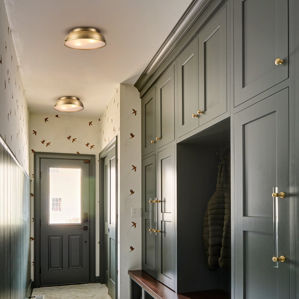 Plafonnier encastré à 2 lampes, style Mid-Century moderne, en bronze vieilli, avec dôme cylindrique en verre dépoli - Bronze vieilli