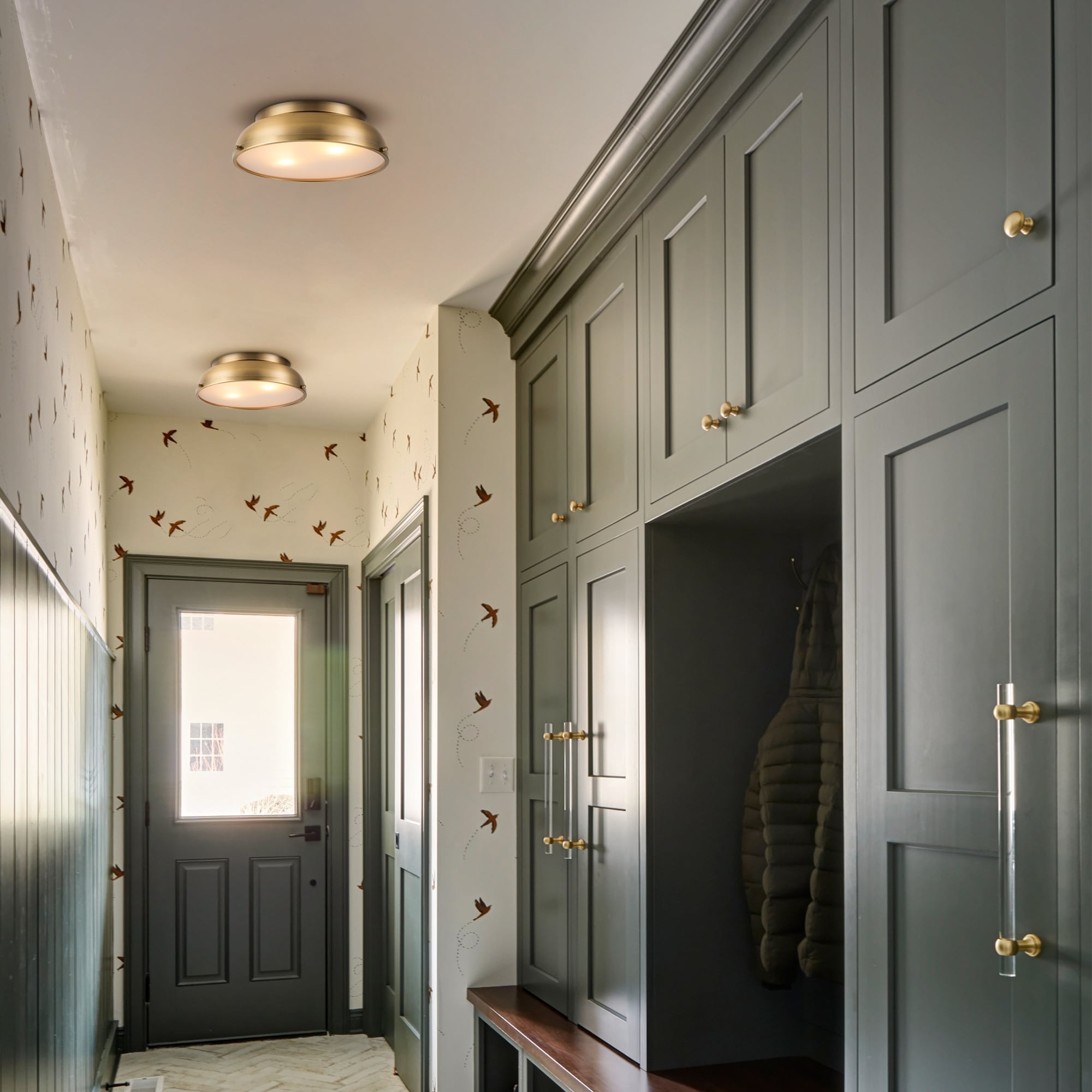 Plafonnier encastré à 2 lampes, style Mid-Century moderne, en bronze vieilli, avec dôme cylindrique en verre dépoli - Bronze vieilli