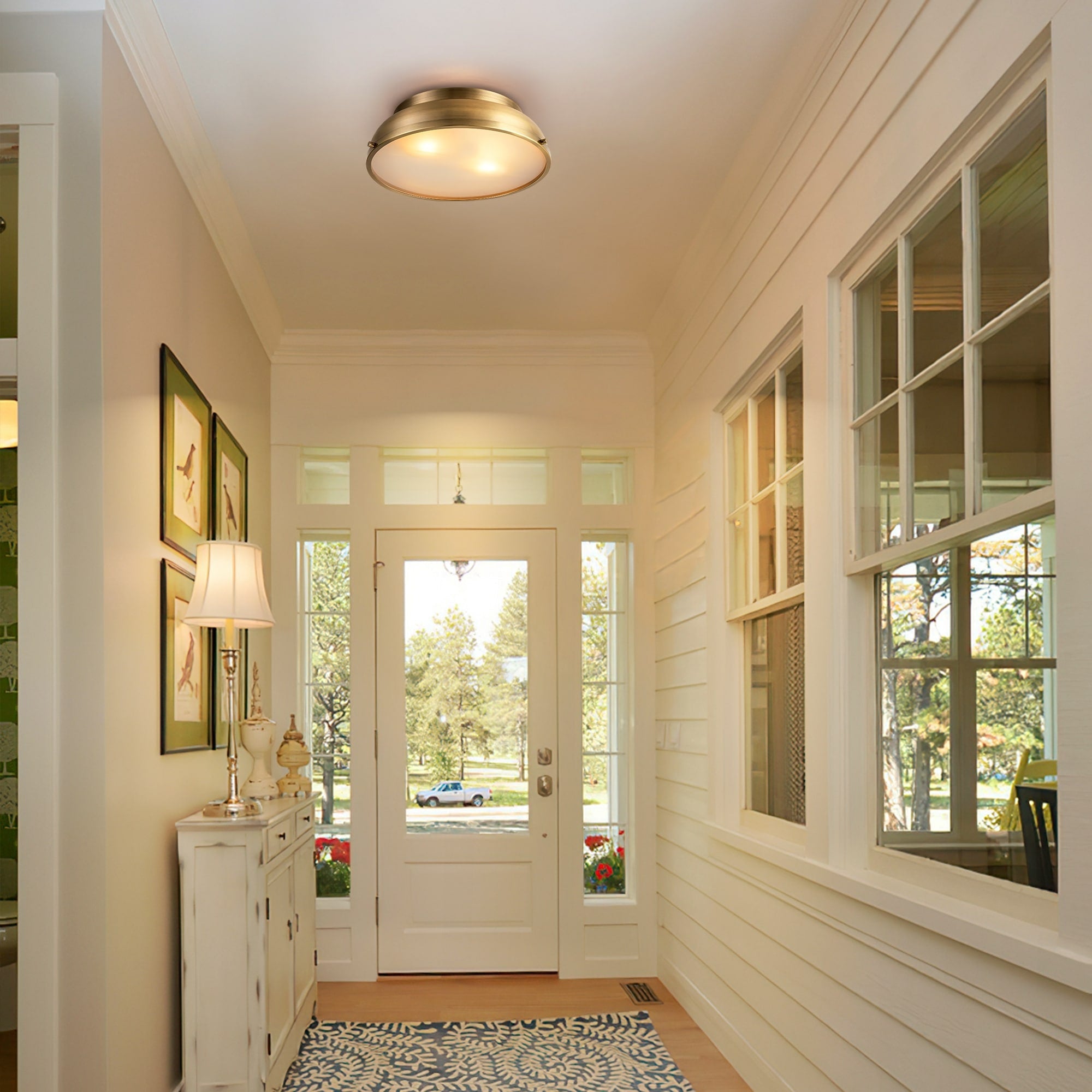 Plafonnier encastré à 2 lampes, style Mid-Century moderne, en bronze vieilli, avec dôme cylindrique en verre dépoli - Bronze vieilli