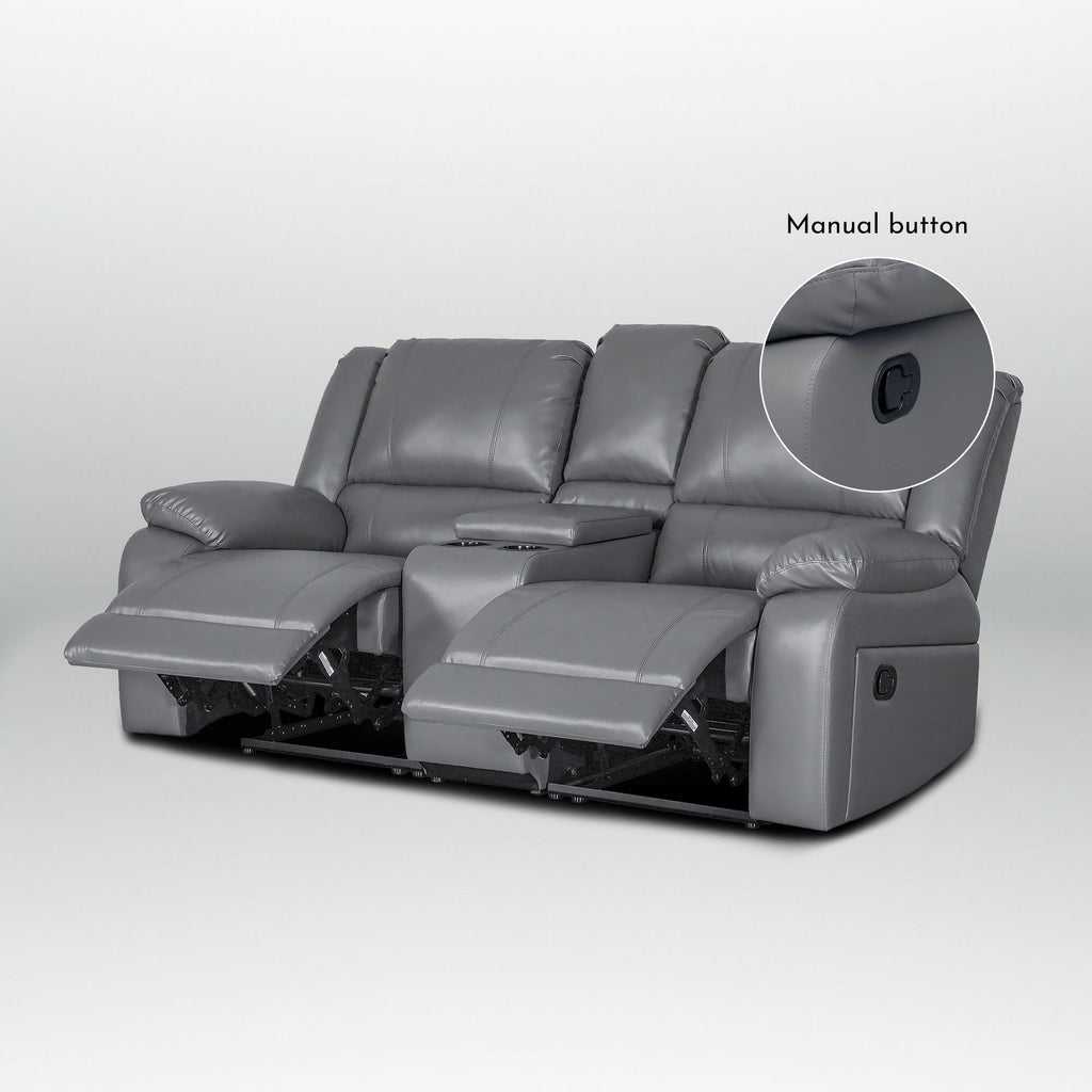 Ensemble de canapés de salon inclinables manuels classiques en similicuir, 2 pièces, avec console et porte-gobelets