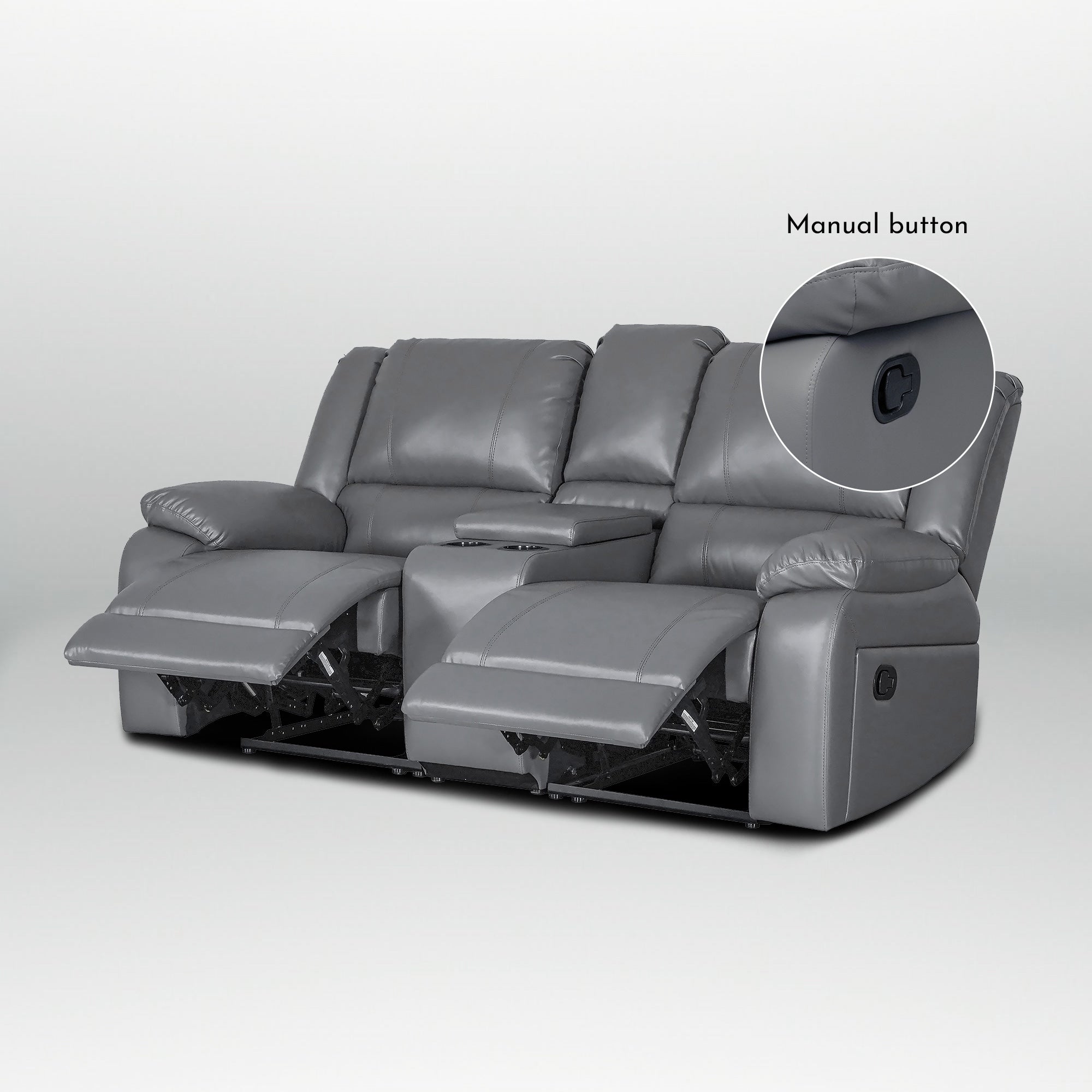 Ensemble de canapés de salon inclinables manuels classiques en similicuir, 2 pièces, avec console et porte-gobelets