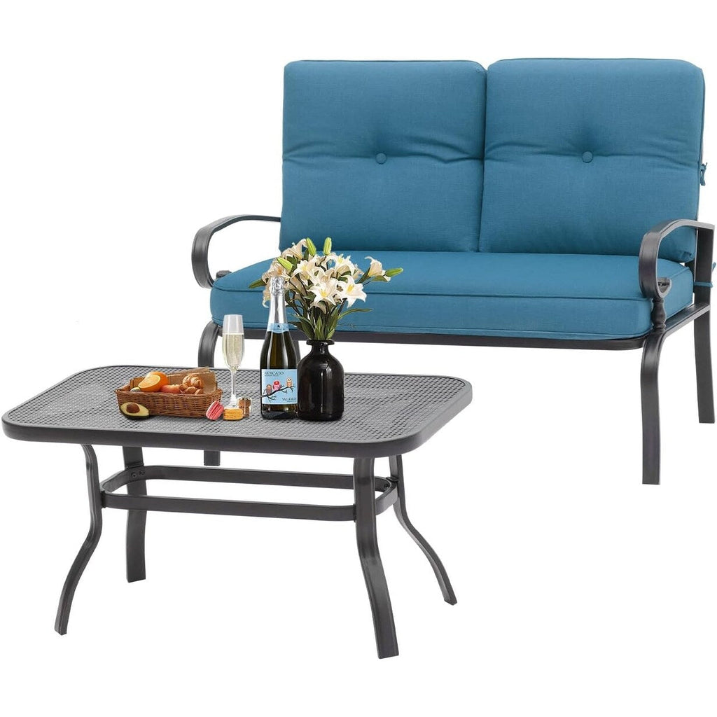 Ensemble de 2 bancs de jardin pour patio extérieur avec table basse ronde