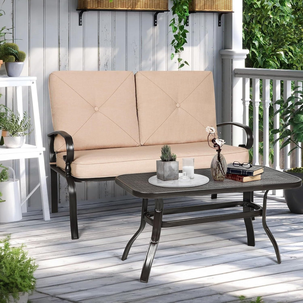 Ensemble de 2 bancs de jardin pour patio extérieur avec table basse ronde