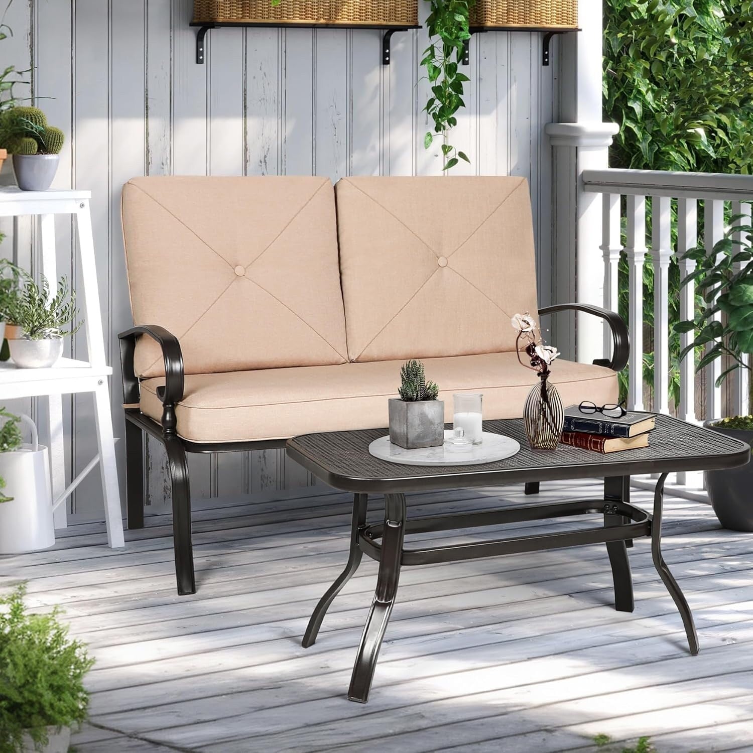 Ensemble de 2 bancs de jardin pour patio extérieur avec table basse ronde