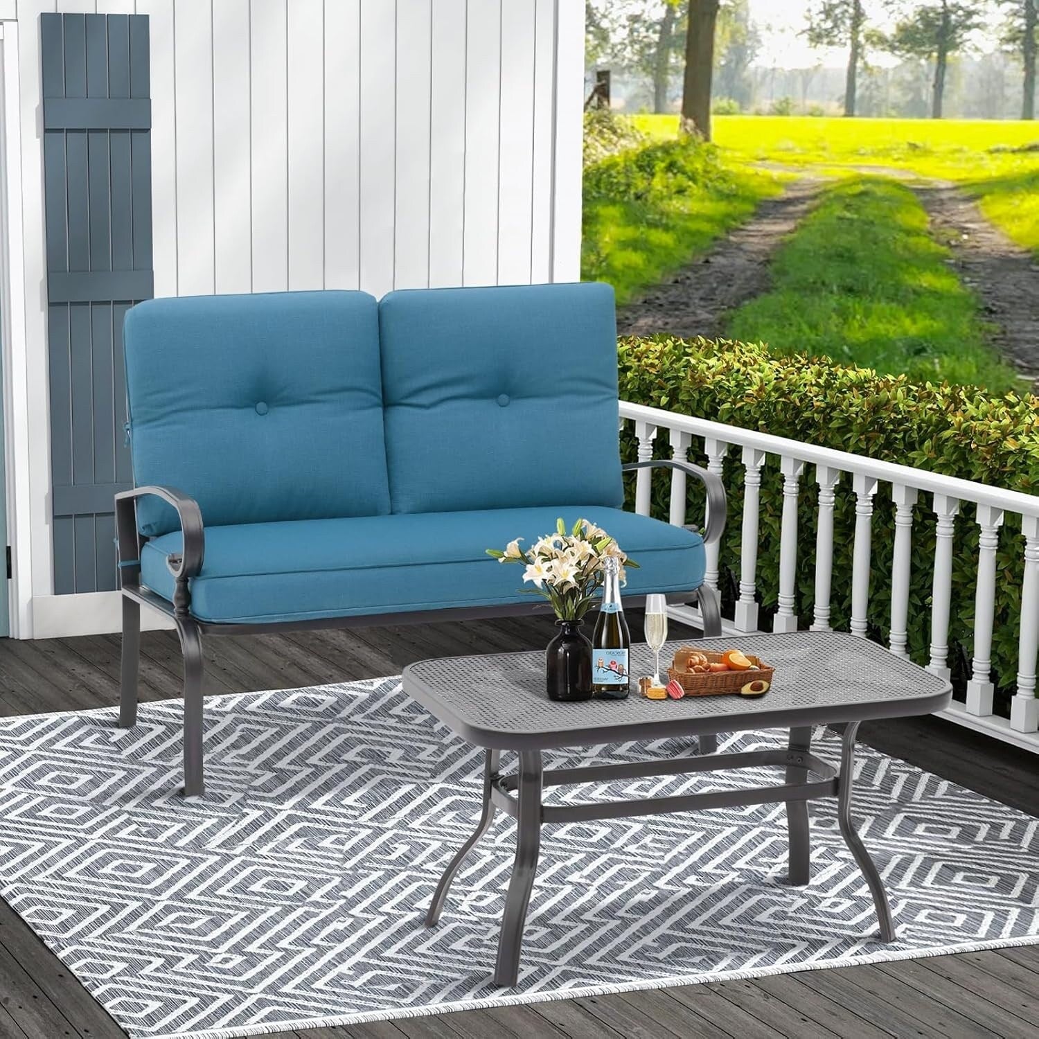 Ensemble de 2 bancs de jardin pour patio extérieur avec table basse ronde