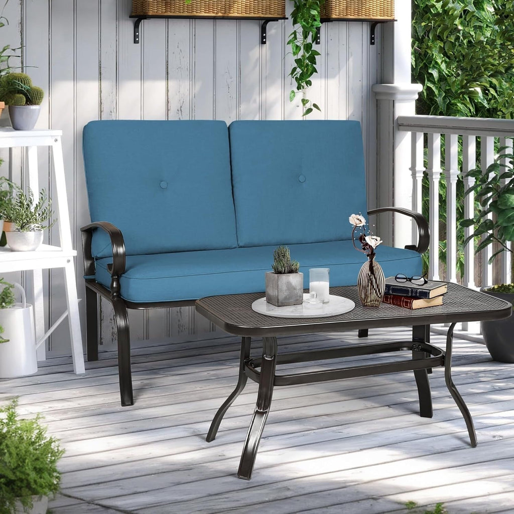 Ensemble de 2 bancs de jardin pour patio extérieur avec table basse ronde