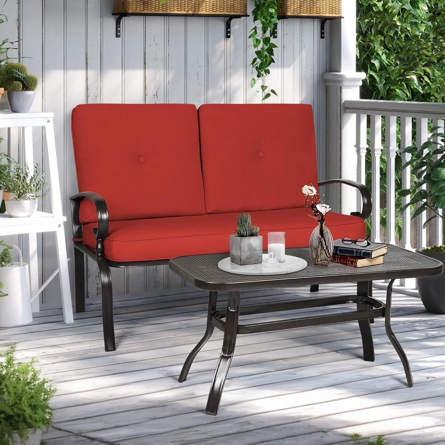 Ensemble de 2 bancs de jardin pour patio extérieur avec table basse ronde