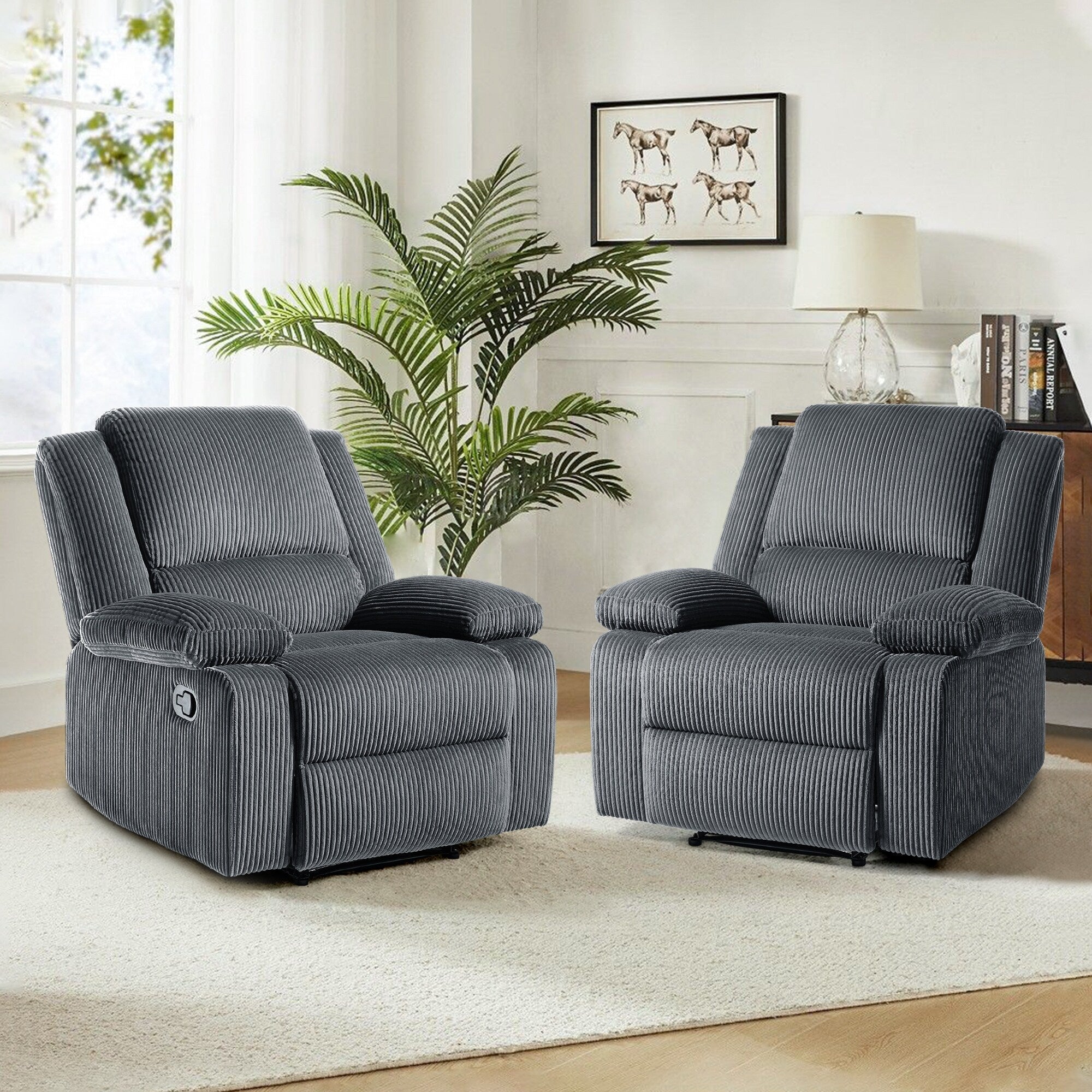 Ensemble de 2 fauteuils inclinables manuels en velours côtelé avec repose-pieds