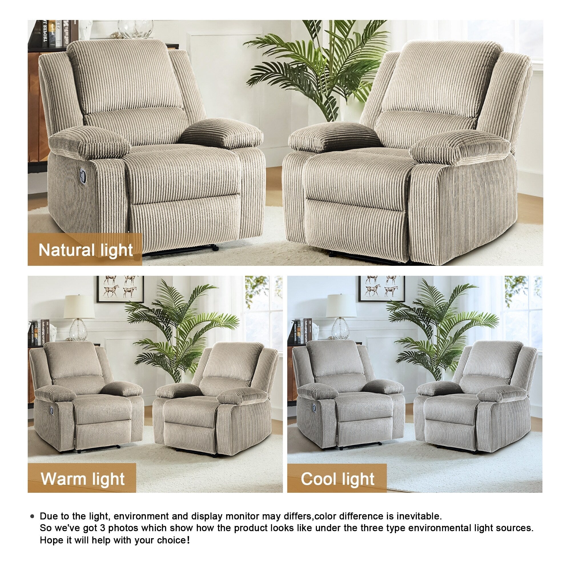 Ensemble de 2 fauteuils inclinables manuels en velours côtelé avec repose-pieds