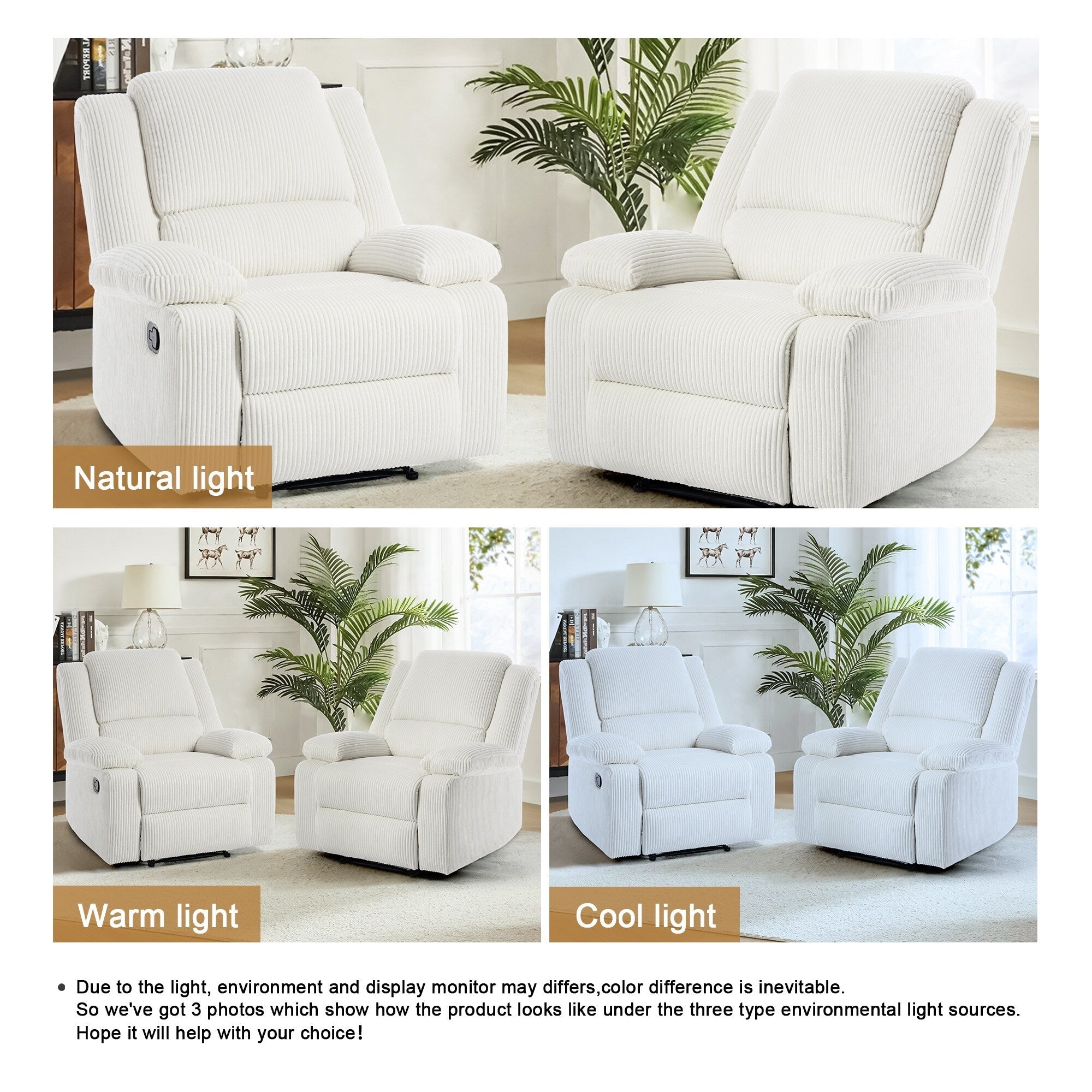 Ensemble de 2 fauteuils inclinables manuels en velours côtelé avec repose-pieds