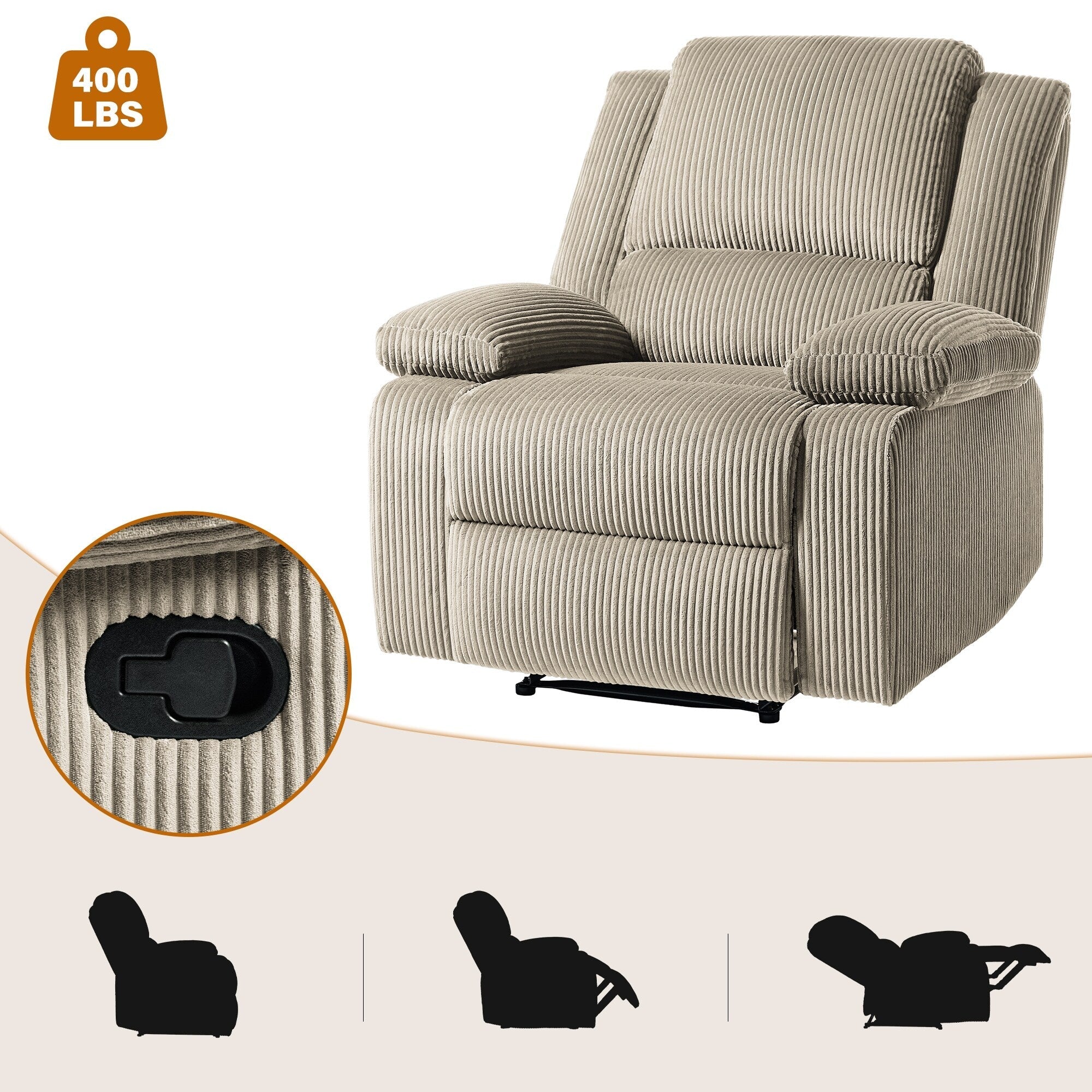 Ensemble de 2 fauteuils inclinables manuels en velours côtelé avec repose-pieds