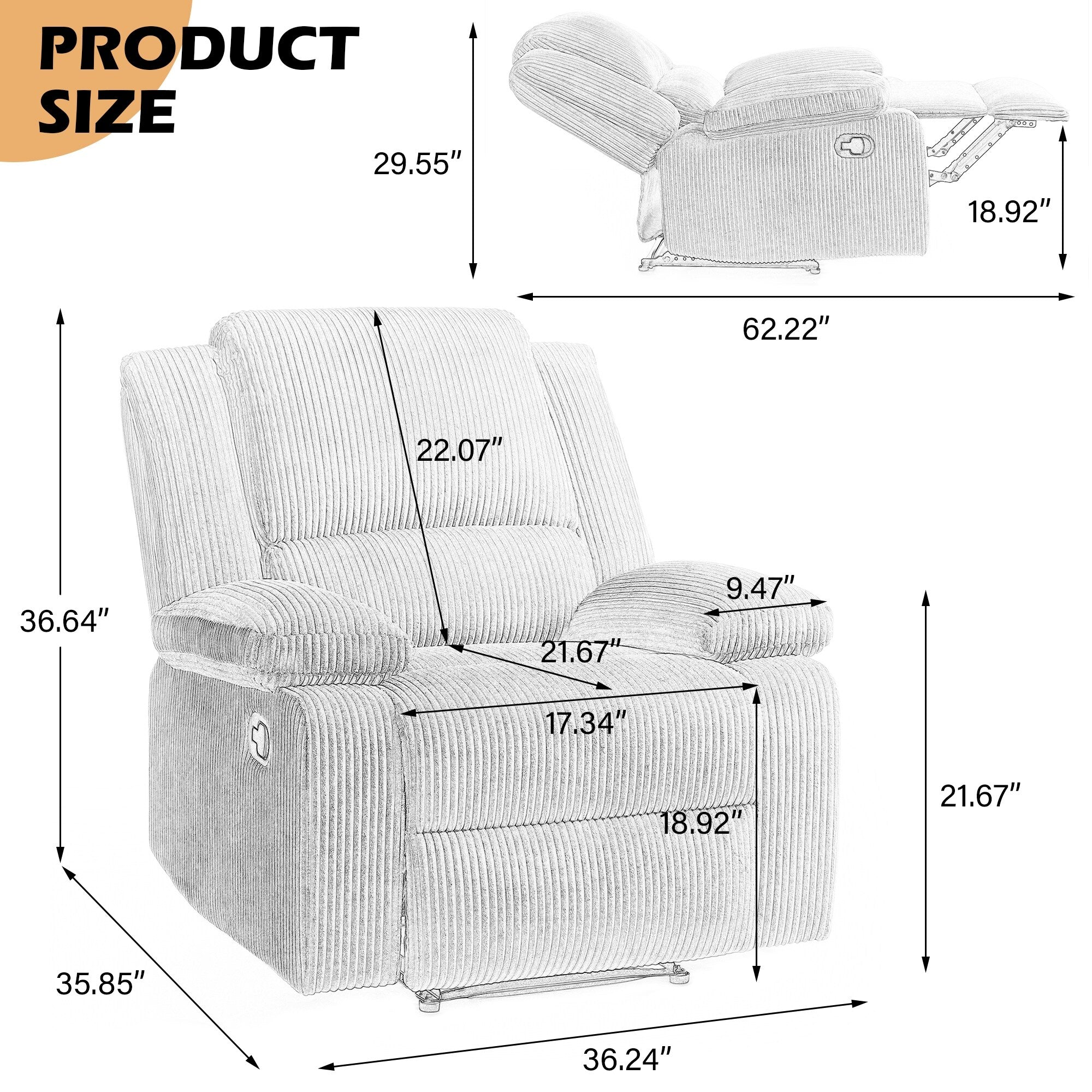 Ensemble de 2 fauteuils inclinables manuels en velours côtelé avec repose-pieds