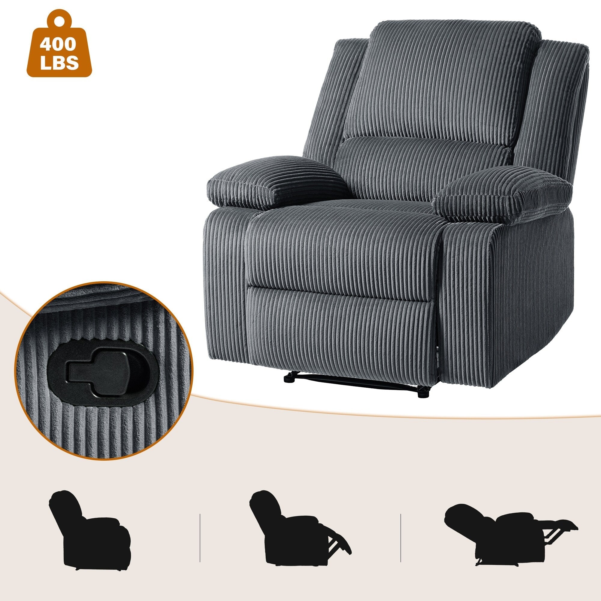 Ensemble de 2 fauteuils inclinables manuels en velours côtelé avec repose-pieds