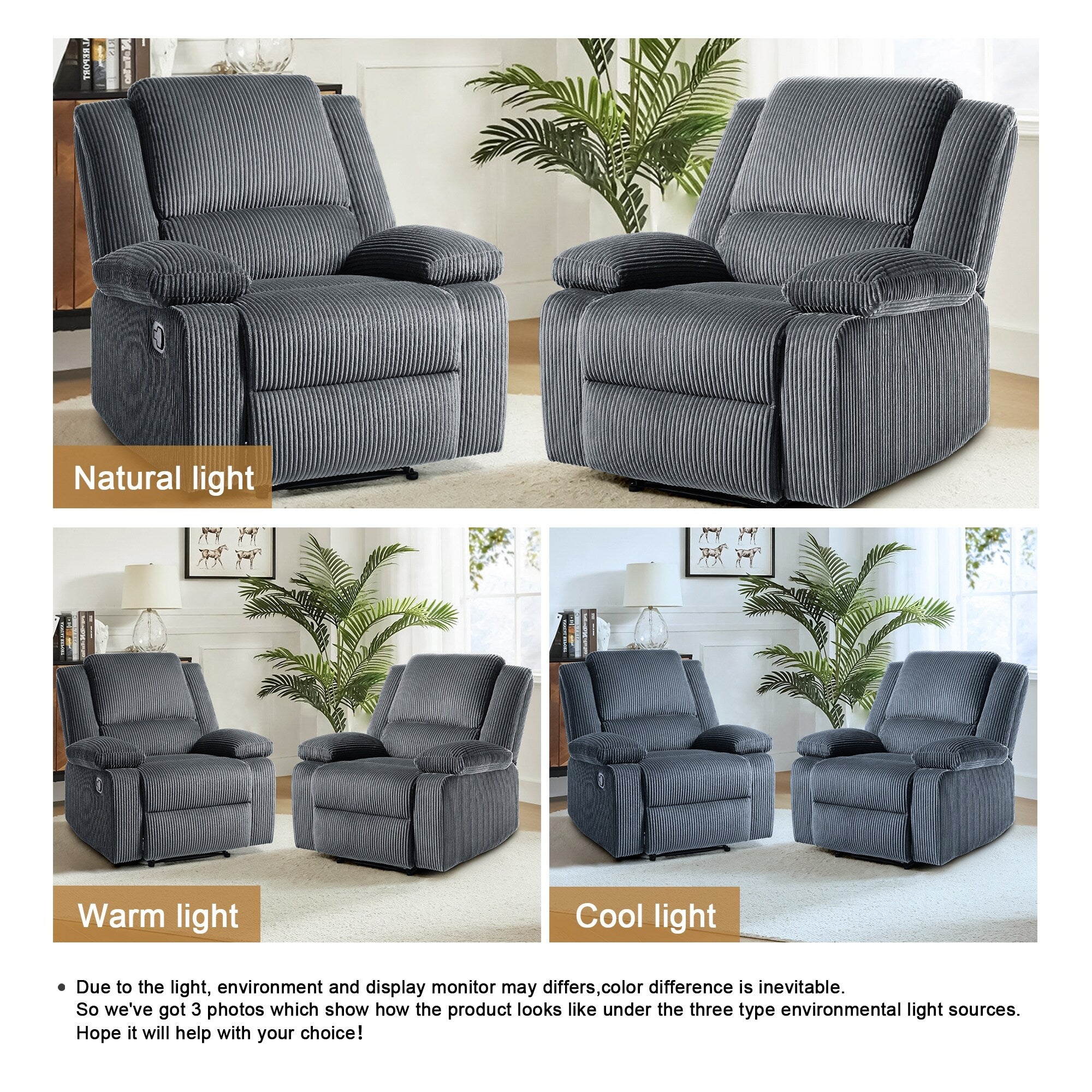 Ensemble de 2 fauteuils inclinables manuels en velours côtelé avec repose-pieds