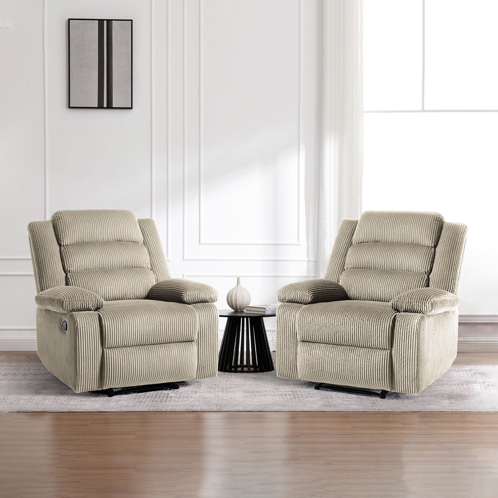 Lot de 2 fauteuils inclinables manuels modernes en velours côtelé, fauteuil d'appoint surdimensionné avec accoudoirs larges