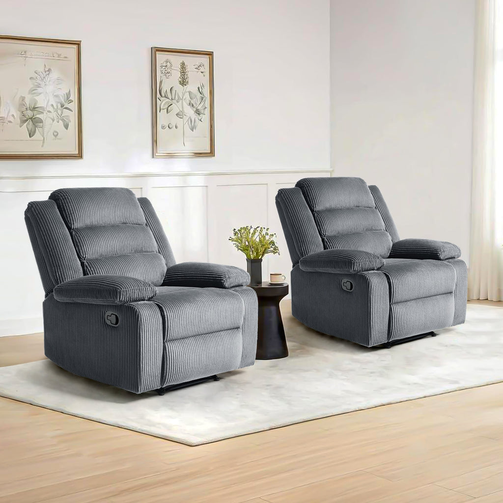 Lot de 2 fauteuils inclinables manuels modernes en velours côtelé, fauteuil d'appoint surdimensionné avec accoudoirs larges
