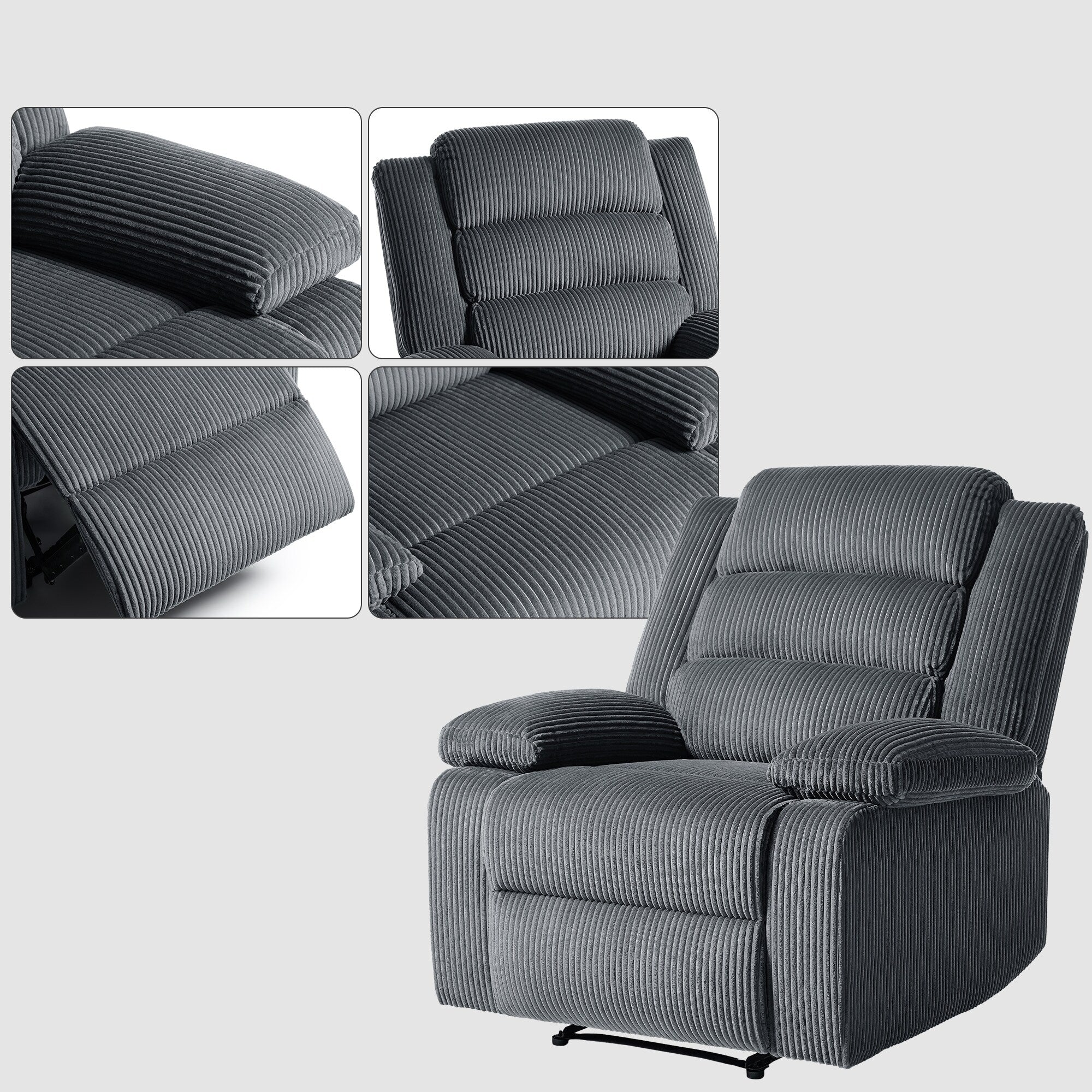 Lot de 2 fauteuils inclinables manuels modernes en velours côtelé, fauteuil d'appoint surdimensionné avec accoudoirs larges