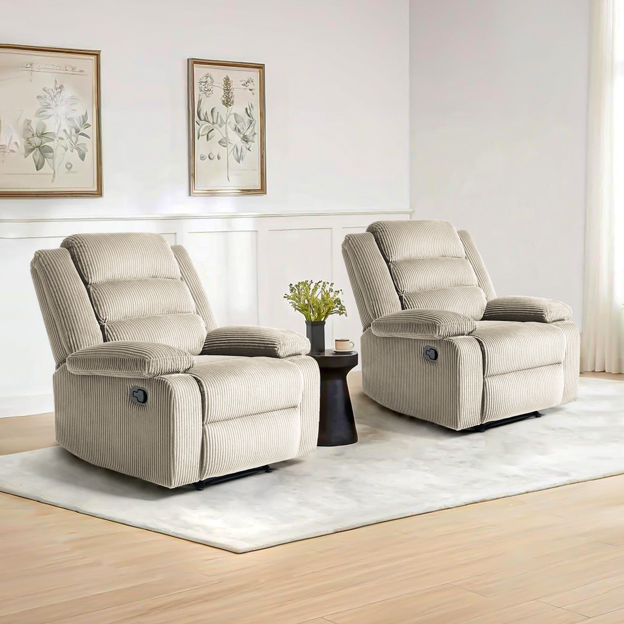 Lot de 2 fauteuils inclinables manuels modernes en velours côtelé, fauteuil d'appoint surdimensionné avec accoudoirs larges