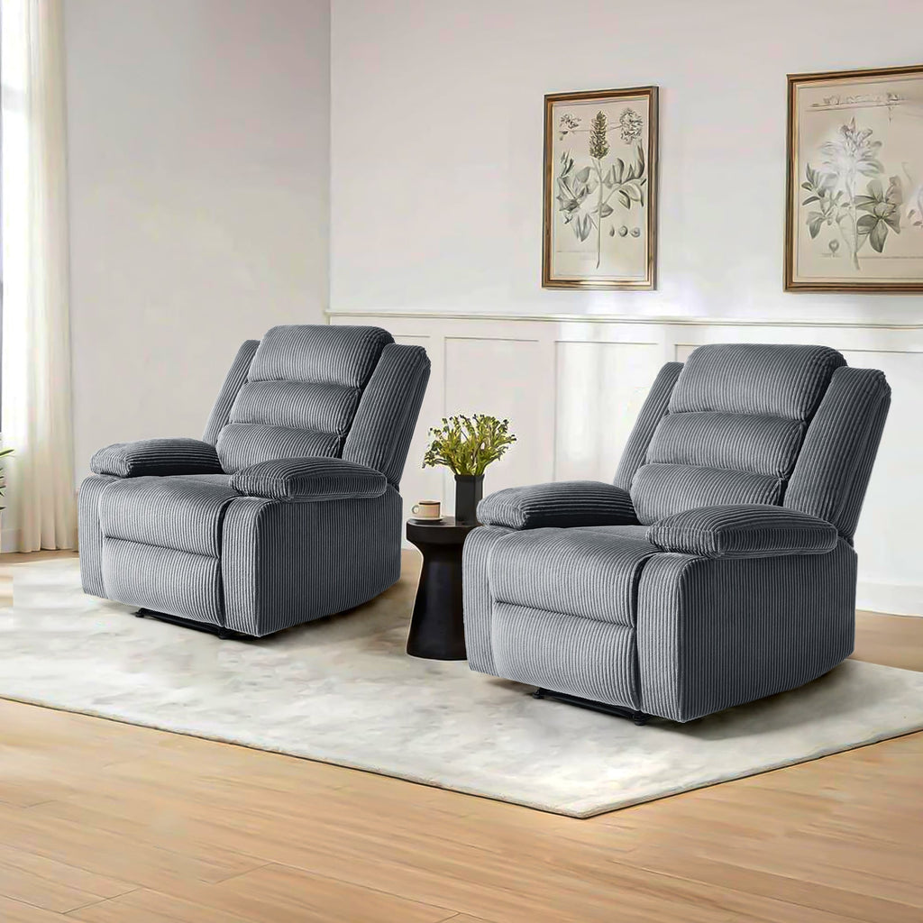 Lot de 2 fauteuils inclinables manuels modernes en velours côtelé, fauteuil d'appoint surdimensionné avec accoudoirs larges