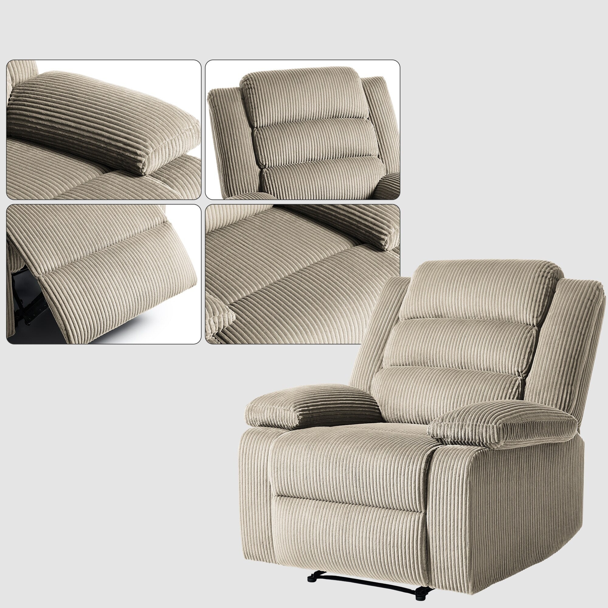 Lot de 2 fauteuils inclinables manuels modernes en velours côtelé, fauteuil d'appoint surdimensionné avec accoudoirs larges