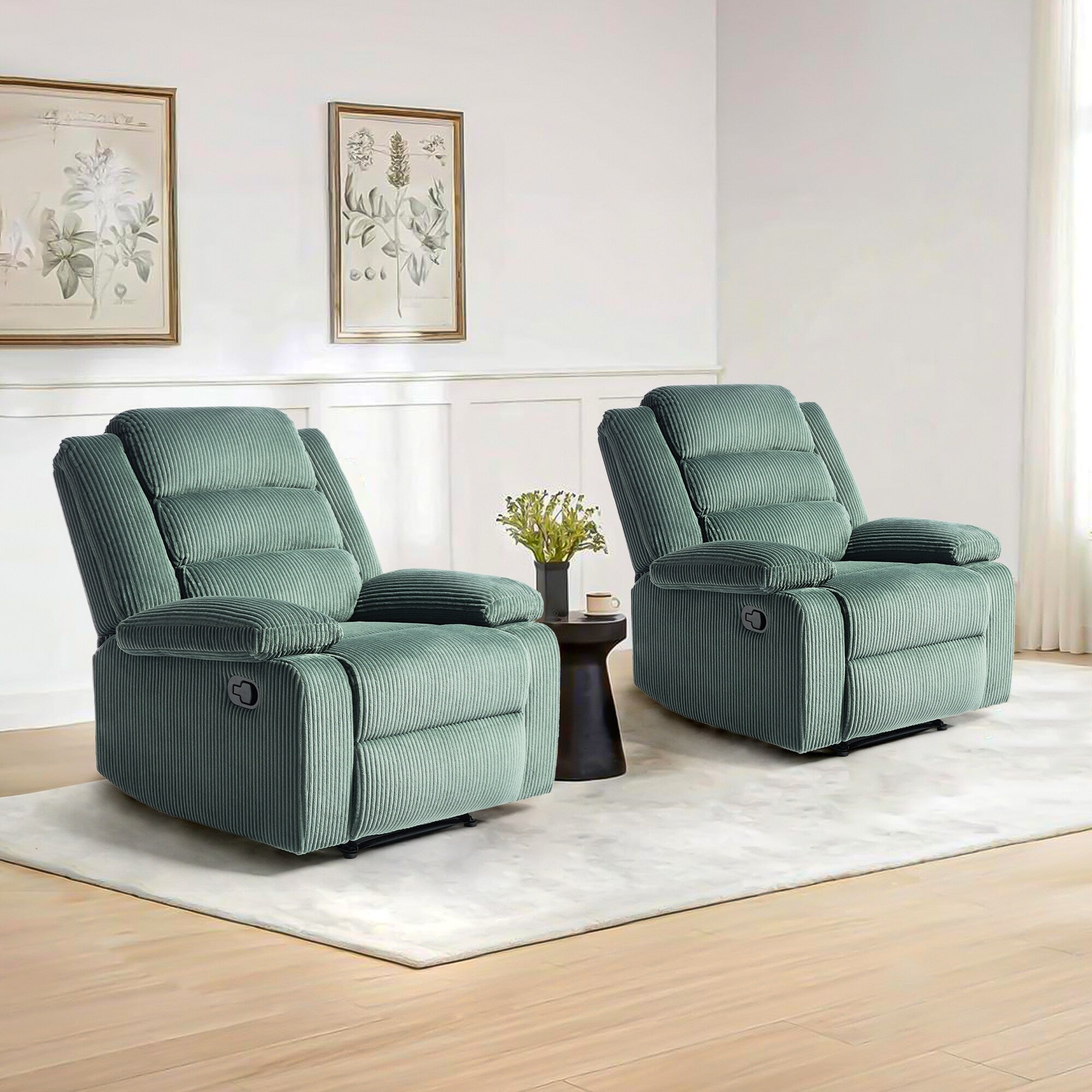 Lot de 2 fauteuils inclinables manuels modernes en velours côtelé, fauteuil d'appoint surdimensionné avec accoudoirs larges