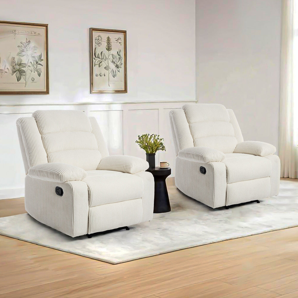 Lot de 2 fauteuils inclinables manuels modernes en velours côtelé, fauteuil d'appoint surdimensionné avec accoudoirs larges