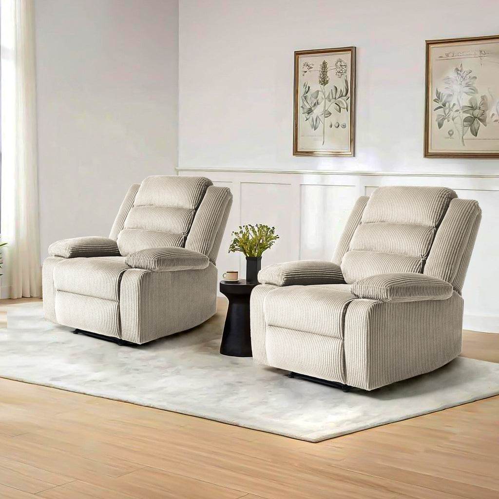 Lot de 2 fauteuils inclinables manuels modernes en velours côtelé, fauteuil d'appoint surdimensionné avec accoudoirs larges