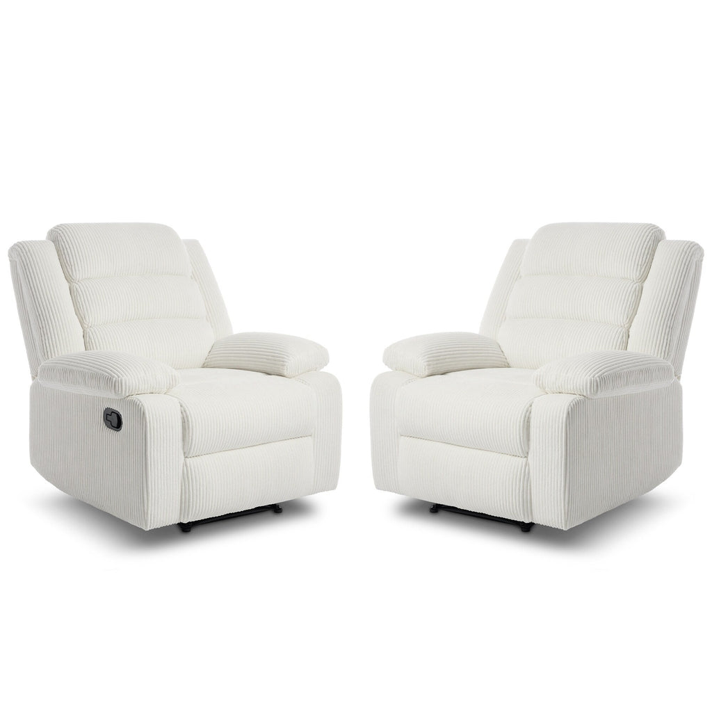 Lot de 2 fauteuils inclinables manuels modernes en velours côtelé, fauteuil d'appoint surdimensionné avec accoudoirs larges