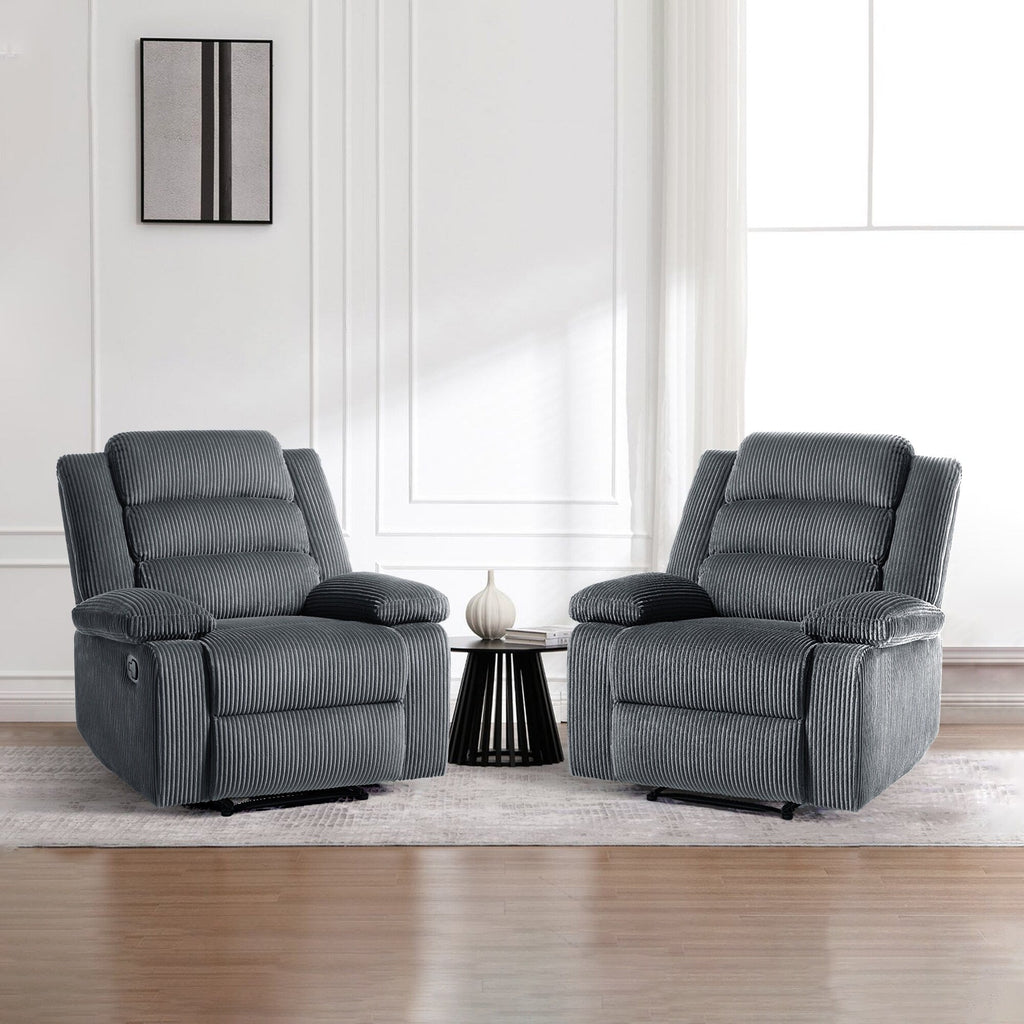 Lot de 2 fauteuils inclinables manuels modernes en velours côtelé, fauteuil d'appoint surdimensionné avec accoudoirs larges