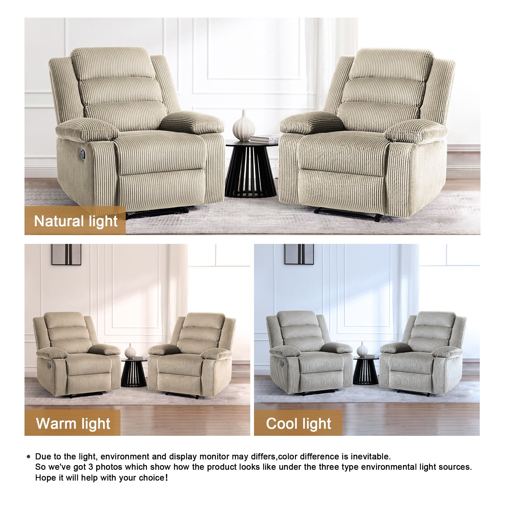 Lot de 2 fauteuils inclinables manuels modernes en velours côtelé, fauteuil d'appoint surdimensionné avec accoudoirs larges