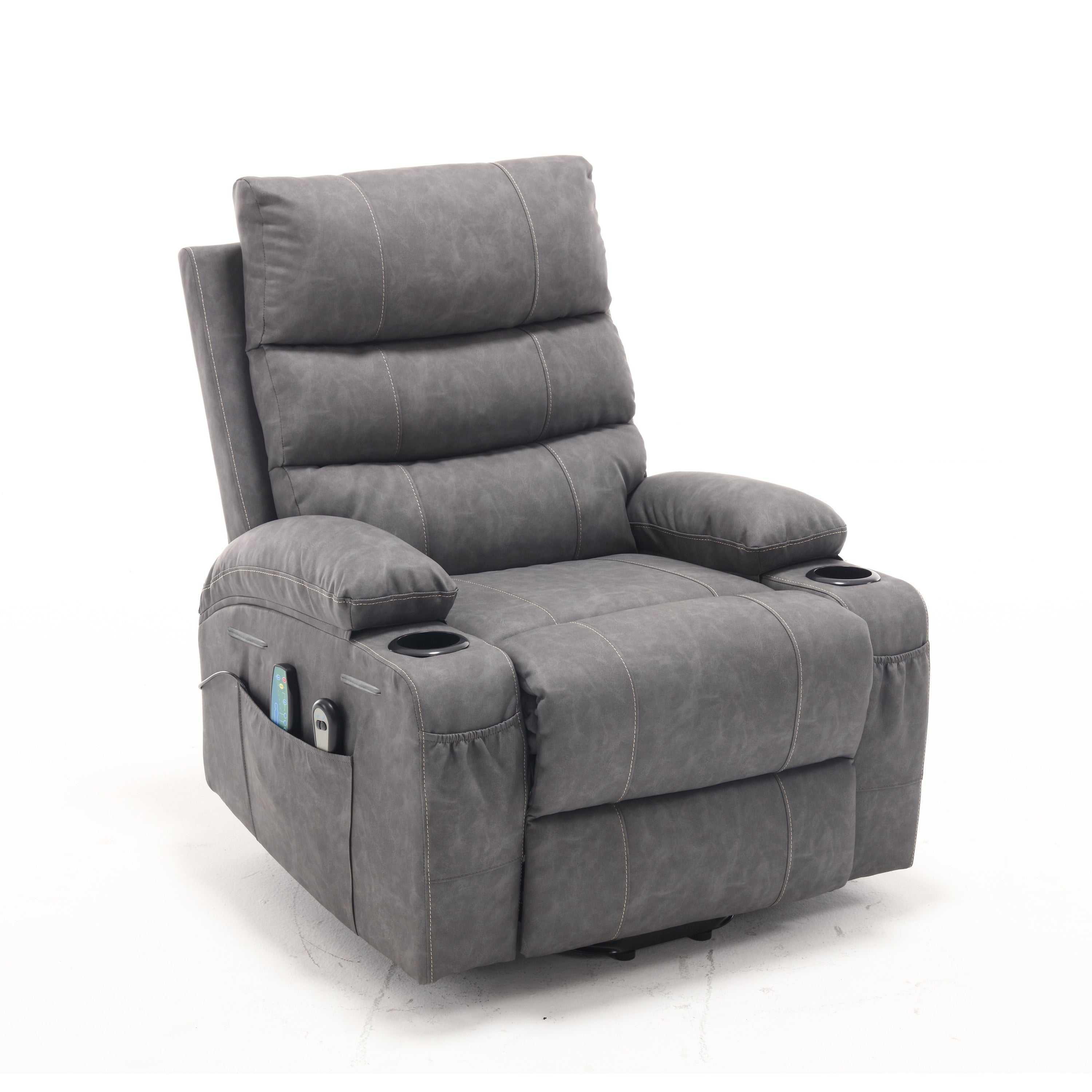 Fauteuil inclinable électrique 21 W, grand format, massage par vibrations à 8 points et chauffage lombaire, télécommande, poches latérales, porte-gobelets