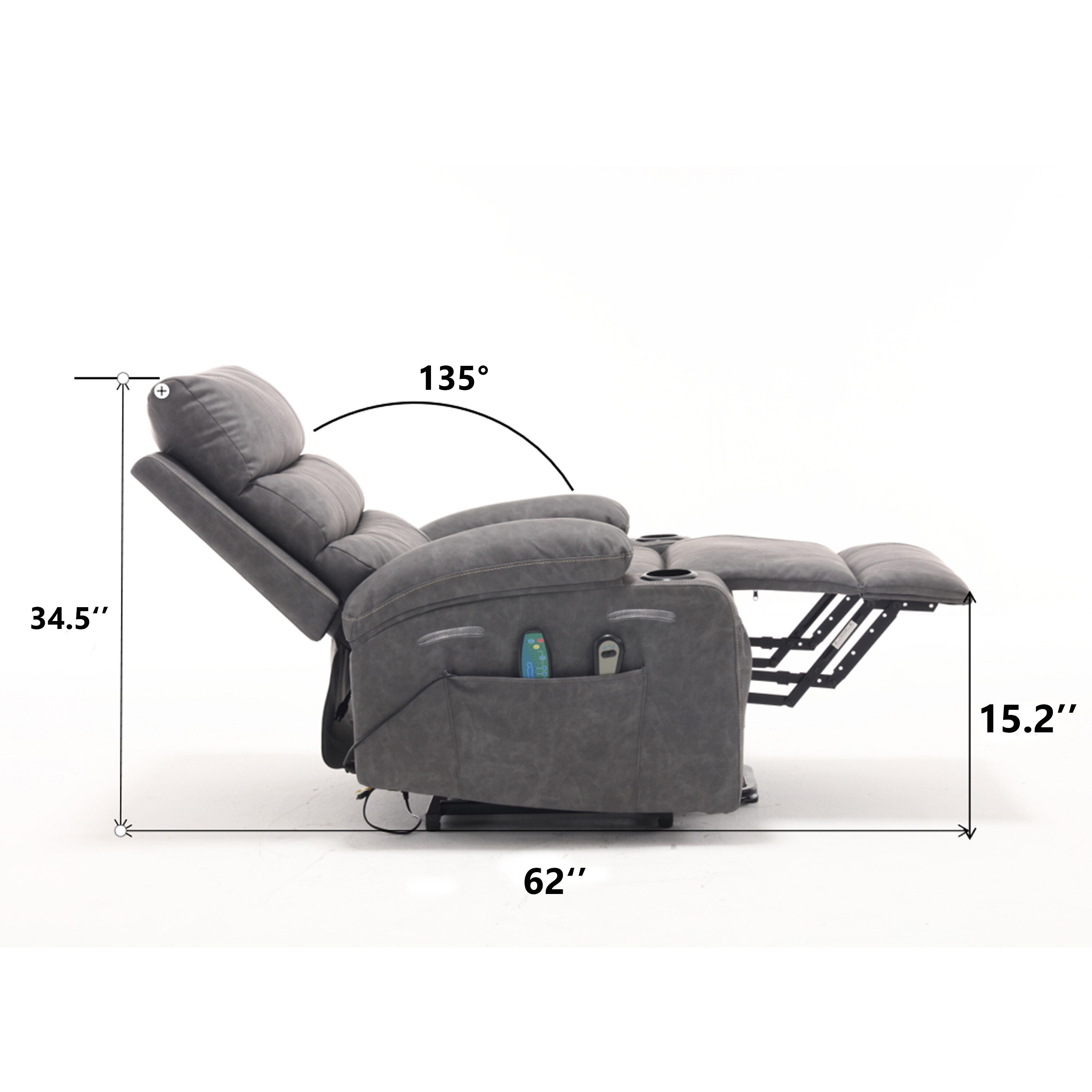 Fauteuil inclinable électrique 21 W, grand format, massage par vibrations à 8 points et chauffage lombaire, télécommande, poches latérales, porte-gobelets